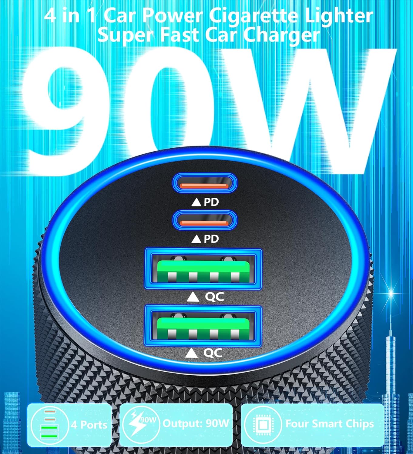 Car Charger USB C, KYOHAYA 90W 4-Port Dual USB-C & USB-A Power Cigarette Lighter Adapter PD/QC Type C Car Charger Fast Charging for iPhone 17 Pro 17 Pro Max 16 15 14 13 12 11/Galaxy S25 S24/Pixel/iPad