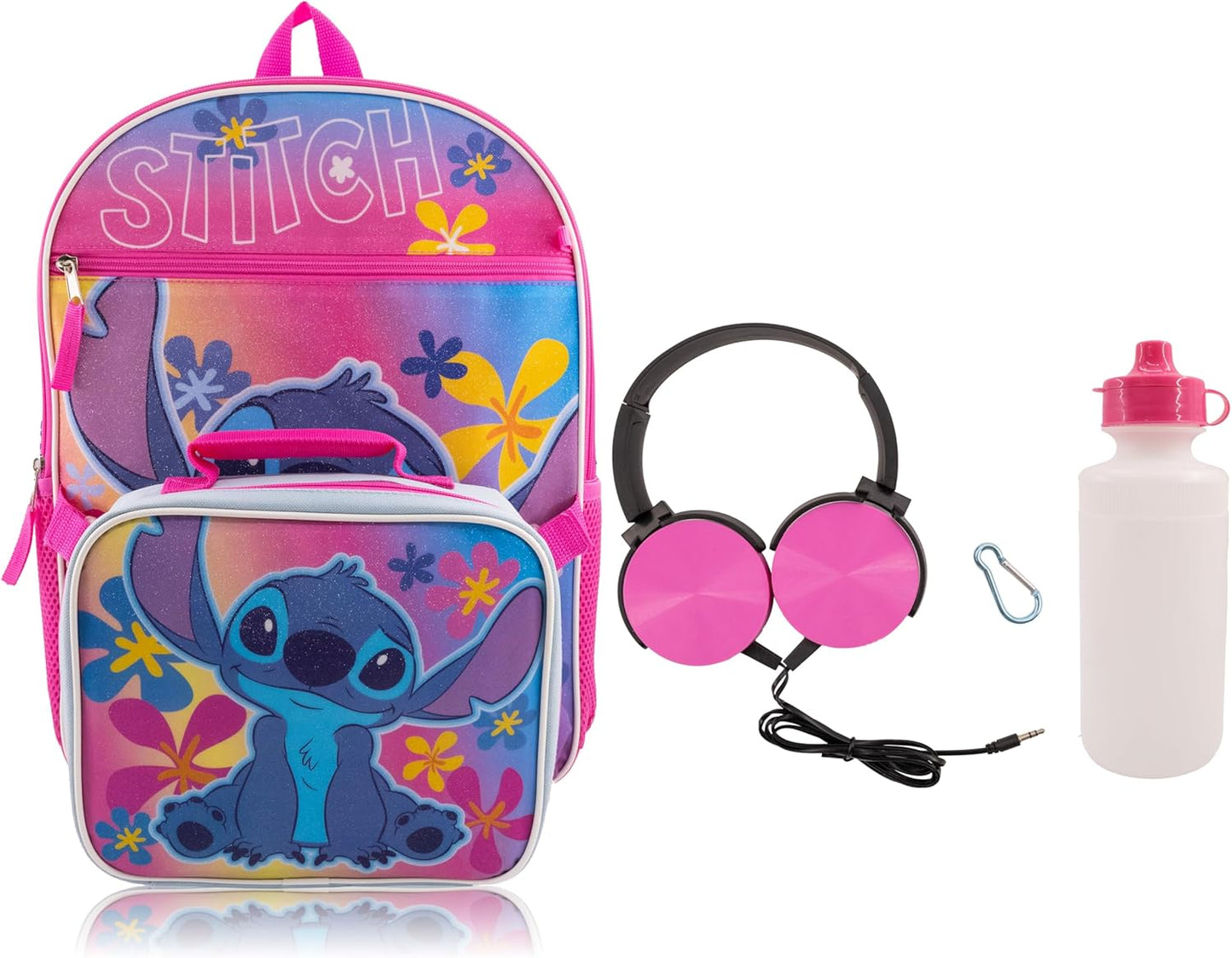 Disney Stitch Backpack With Lunch Box for Kids | Insulated Lunch Bag Lunch Box for Boys, Girls, Toddlers | Backpack for School and Reusable Lunchbox with Matching Headphones and Water Bottle