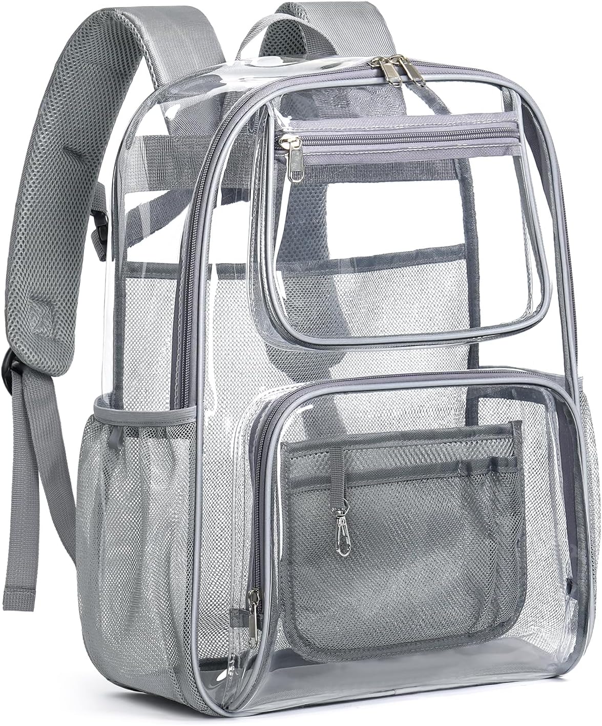 Heavy Duty Clear Backpack For Kids Women Men Boys Girls, 17 Inch Large See Through Backpack, 360° 3M Reflective Strips Clear Bookbag, Transparent Bag For School College Sport Work Travel, Grey