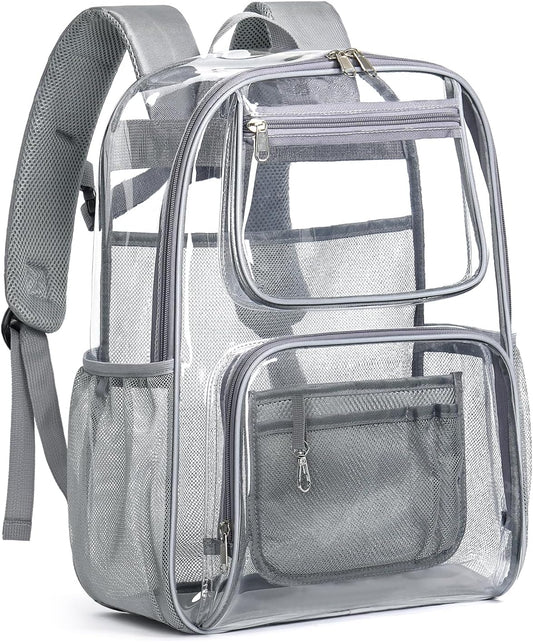 Heavy Duty Clear Backpack For Kids Women Men Boys Girls, 17 Inch Large See Through Backpack, 360° 3M Reflective Strips Clear Bookbag, Transparent Bag For School College Sport Work Travel, Grey