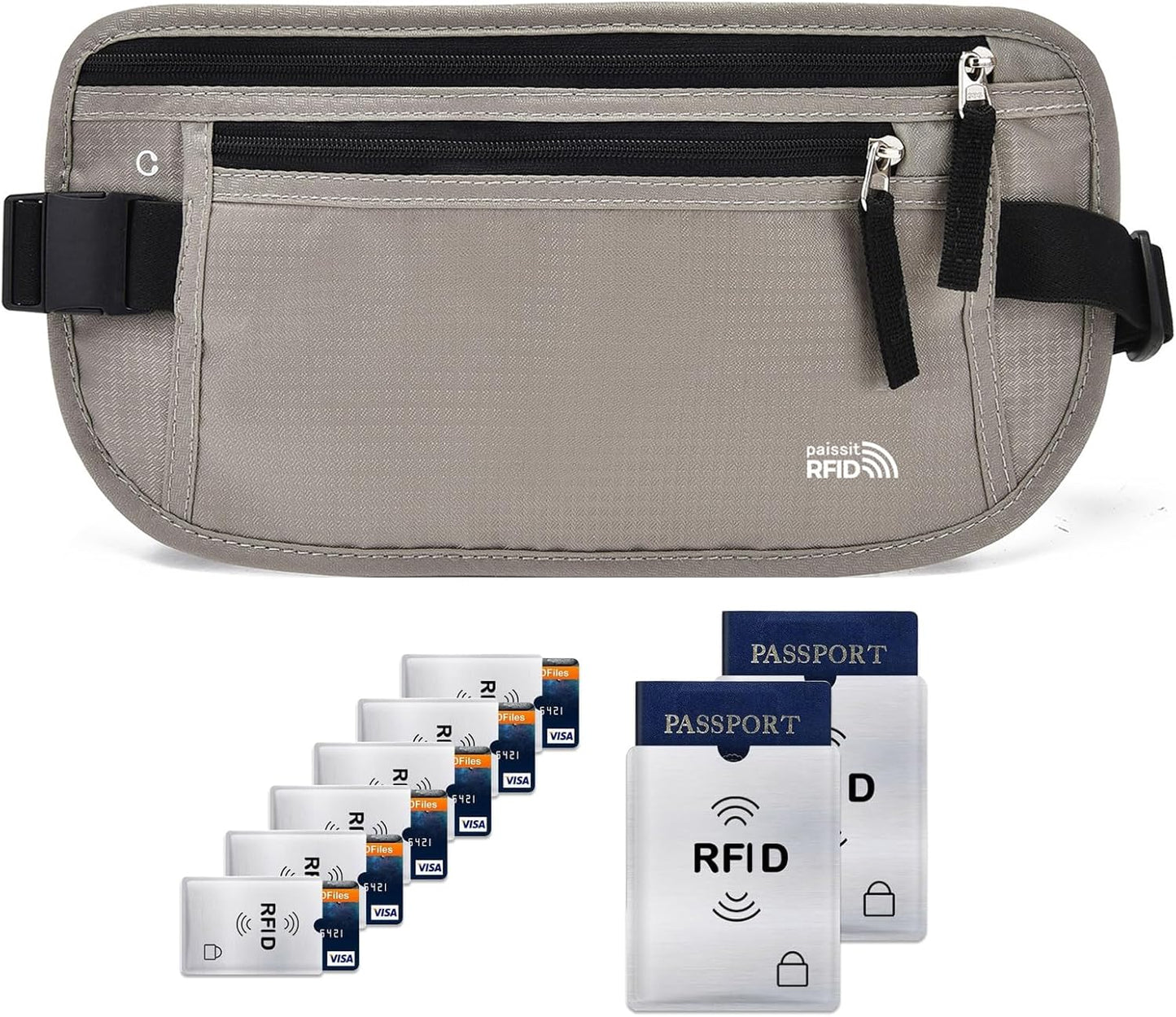 Unisex Money Belt with RFID Blocking Sleeves, Slim Passport Holder RFID Blocking Travel Essentials, Waist Pouch to Protect Cash, Light Grey & 6 Sleeves