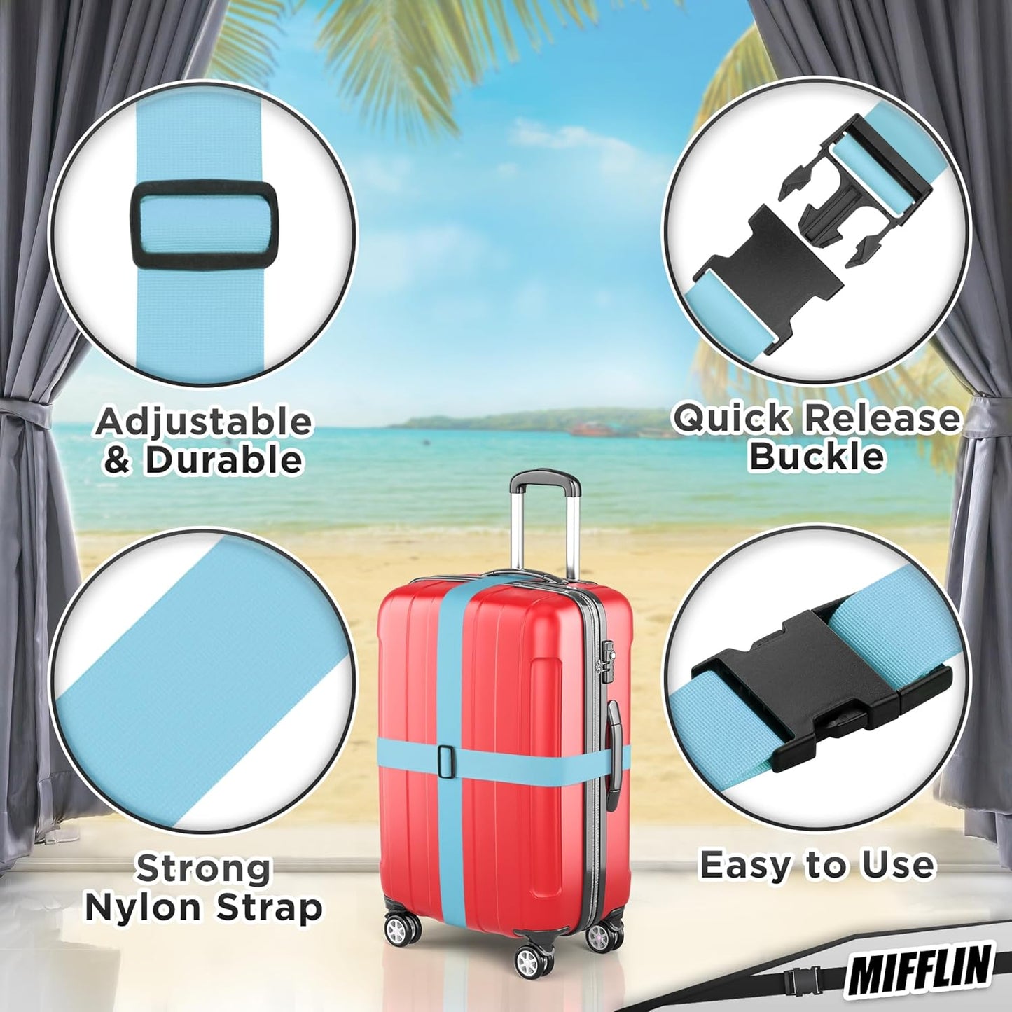Luggage Straps - Blue, 78" Long, 2 Inches Wide, 4 Pack - Adjustable Nylon Belt for Travel Suitcases & Bags - by Mifflin-USA