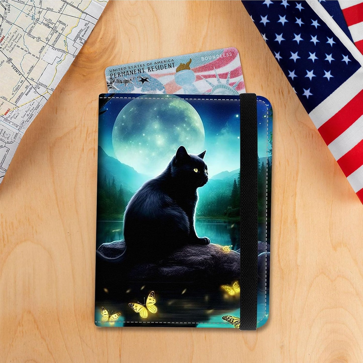 Passport Holder Cover Wallet Travel Essentials RFID Blocking Case Leather Passport Cover Wallet Vaccine Card Slot Organizer for Men Women, Night cat