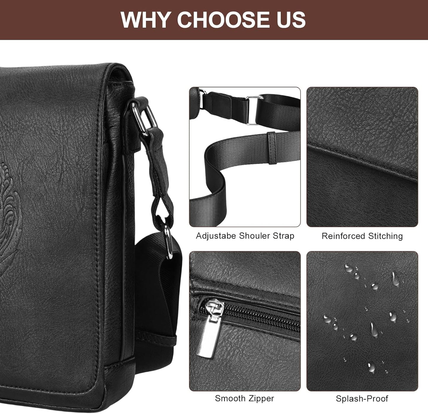 Leathario Men's Crossbody Bag, Vegan Leather, Shoulder Purse Side Sling Satchel, Small Messenger for Travel Work Daily
