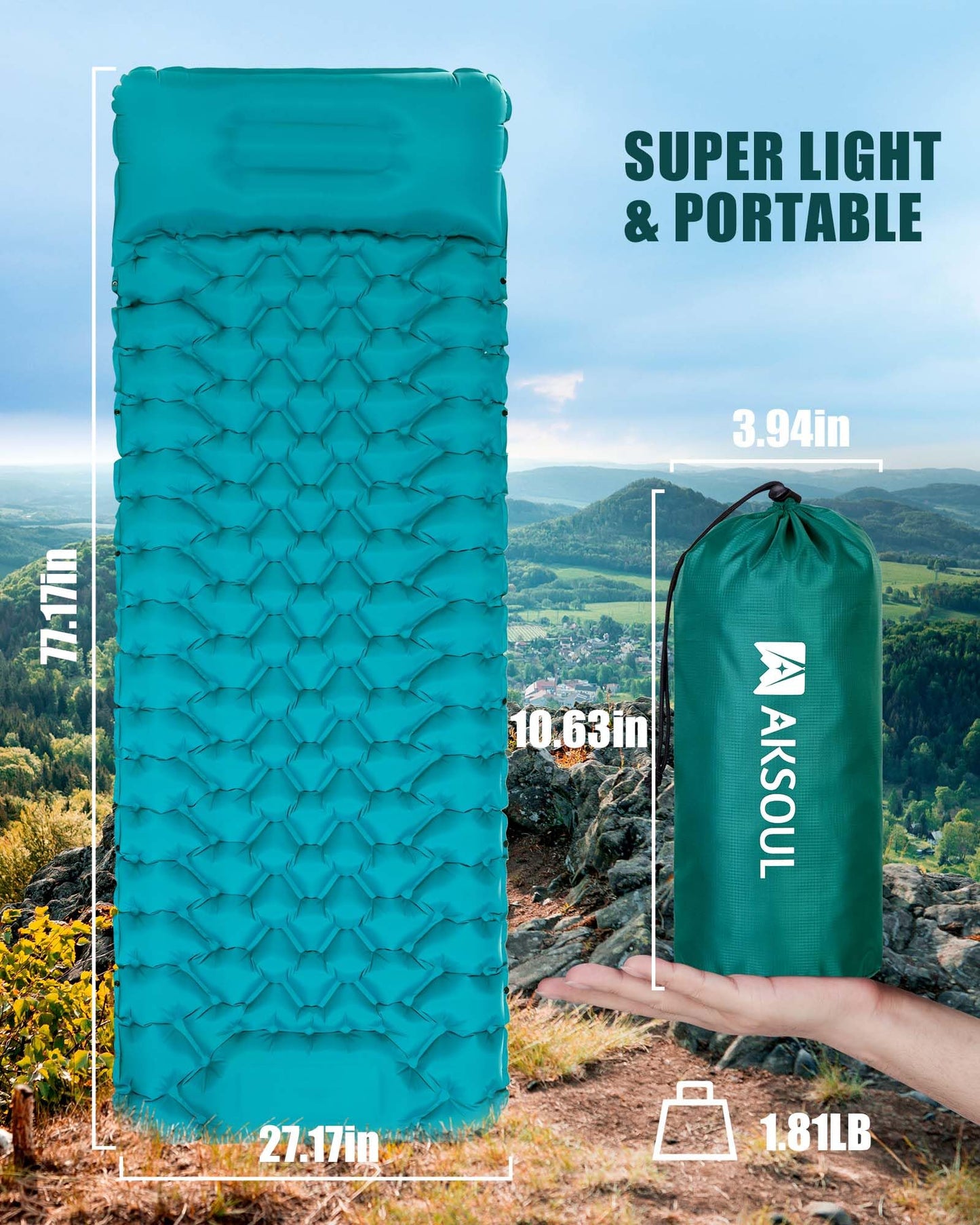 AKSOUL Camping Sleeping Pad with Pillow: Extra Thick 3.9 inch Ultralight Self Inflating Air Mat