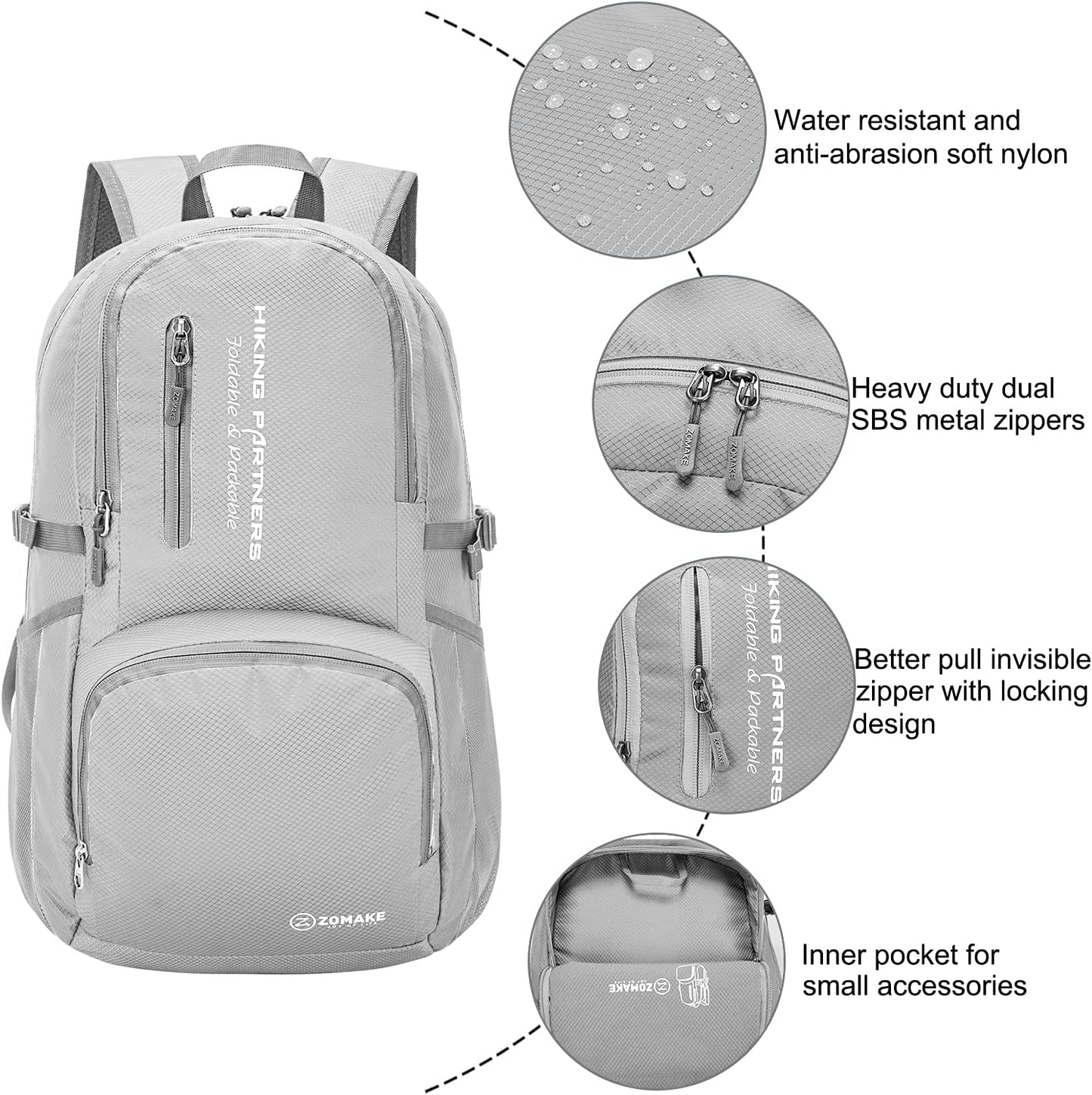 ZOMAKE Lightweight Packable Backpack, 35L Light Foldable Hiking Backpacks Water Resistant Collapsible Daypack for Travel(Sliver Grey)