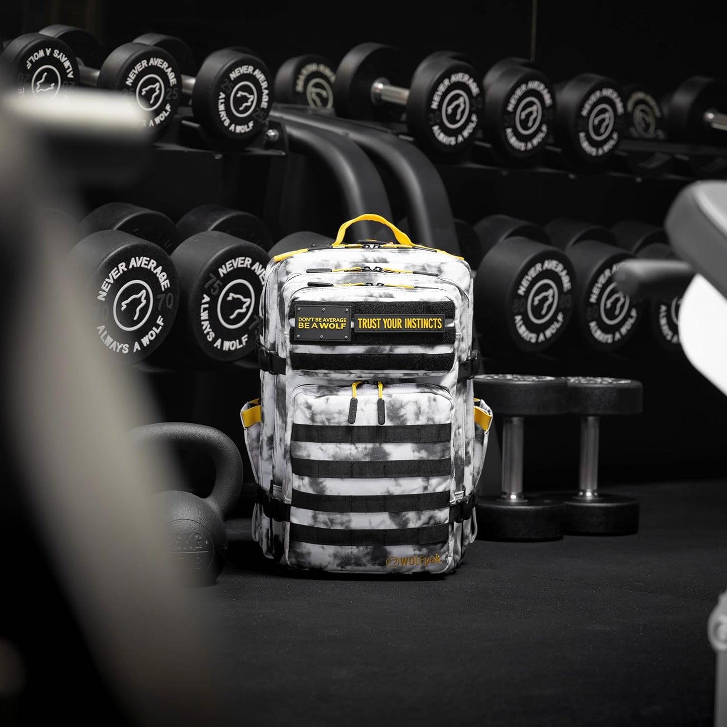 WOLFpak 45L Athletic Gym Backpack - Durable 1000D Waterproof Oxford Material w/MOLLE Webbing, Laptop Pocket & Dual Cup Holders, Durable Everyday Gym Backpack (Timber Wolf Yellow Jacket)