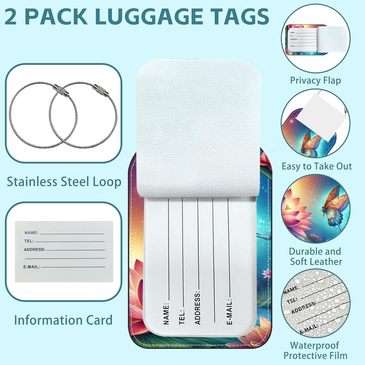 2 Pack Cute Luggage Tag for Suitcases Magic Butterflies Leather Luggage Tags with Stainless Steel Loop Privacy Flap Name Tags,Men and Women Travel Bag Suitcase Tags