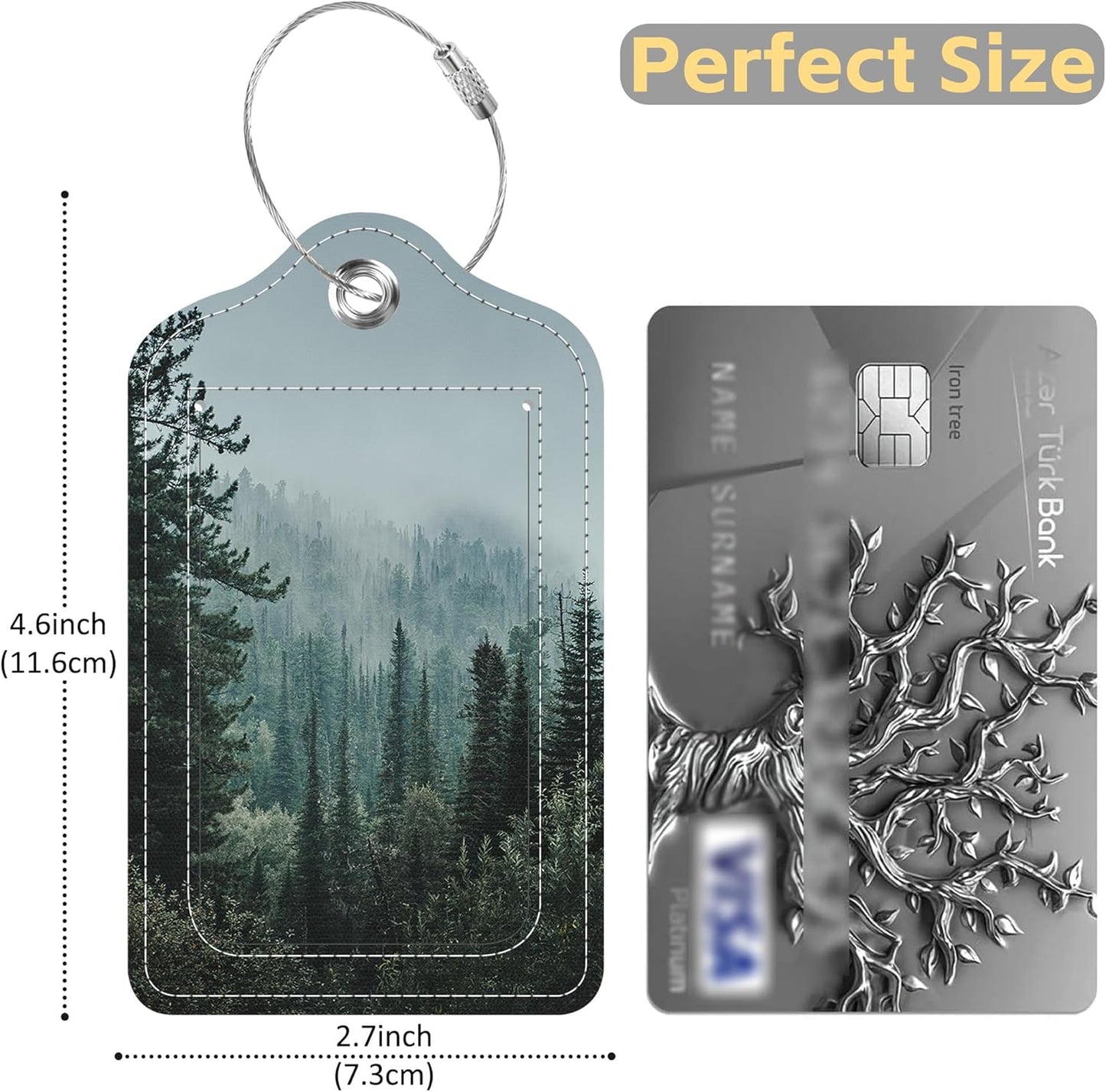 Misty Valley and Dark Forest Luggage Tags 2PCS PU Leather Suitcases Tag with Stainless Steel Loop and Privacy Name Address Cover Label Card for Women Men Travel