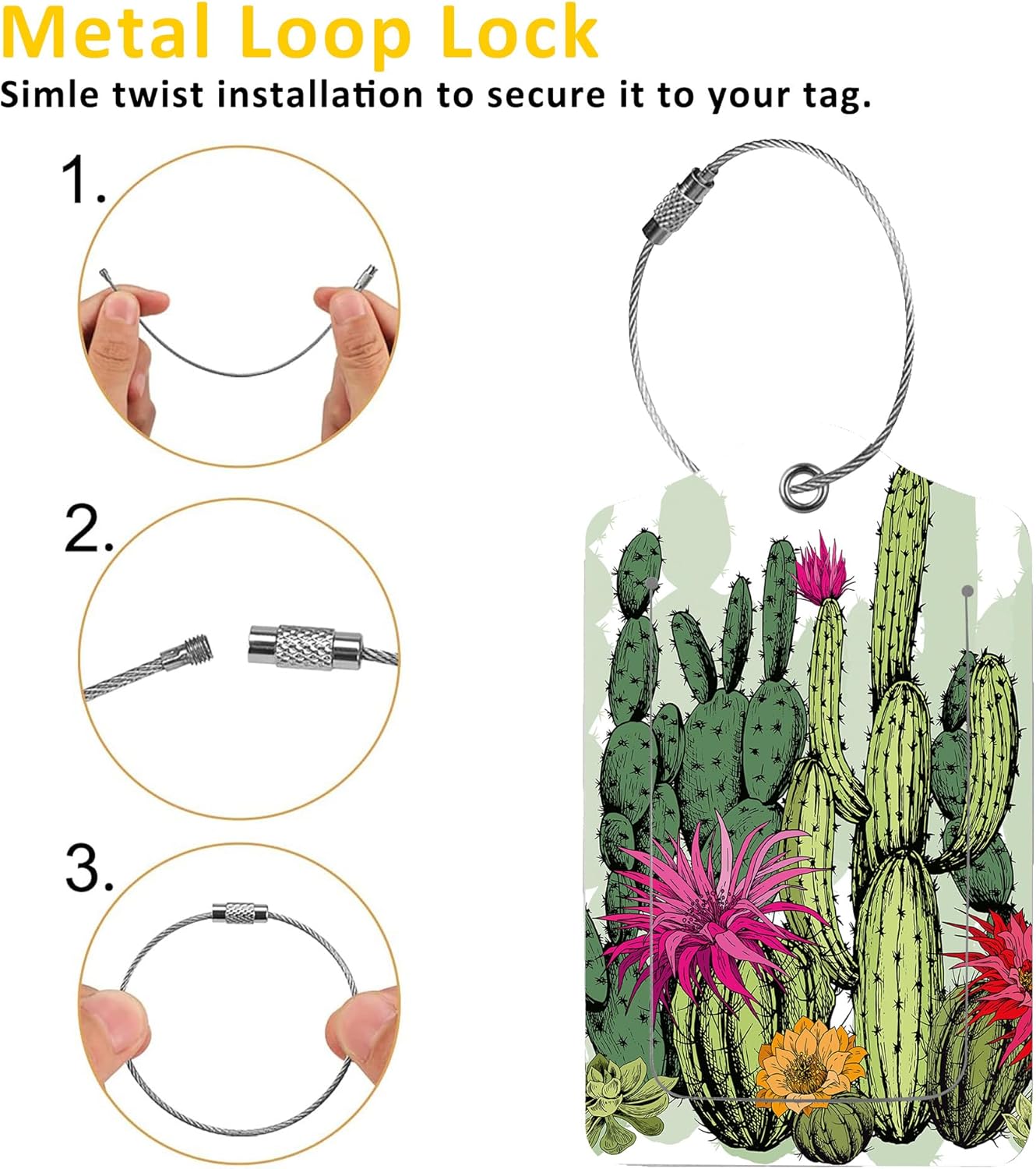 2 Pack Luggage Tags for Suitcases,Green Cactus Plants with Flowers Luggage Tag,PU Leather Id Label Luggage Tags with Stainless Steel Loop and Privacy Cover for Women Men Teens Travel