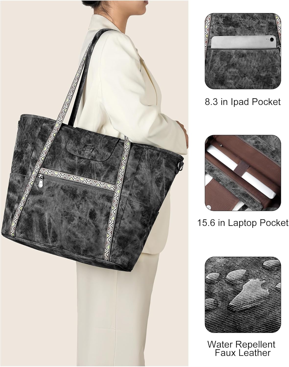FADEON Large Laptop Tote Bag for Women Designer Leather Laptop Bag Fashion Travel Backpack Purse Shoulder Handbag