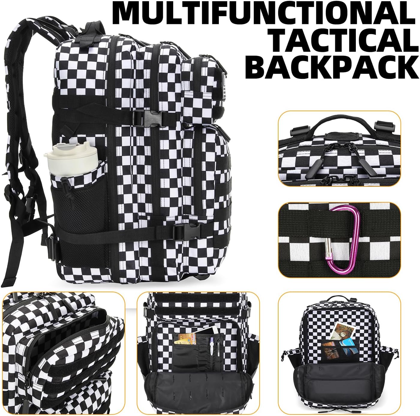 25L Tactical Military Backpack Small Travel Rucksack for Men and Women Assault Pack Bug Out Bag Molle Daypack Gym Backpack with Bottle Holder (Black White Checkered)