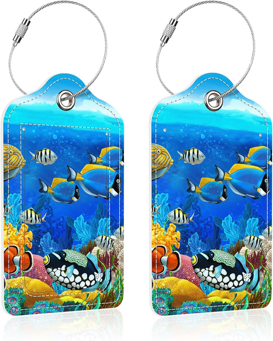 Luggage Tags for Suitcase,2 Pack Tropical Fish Luggage Tag,PU Leather Id Label Luggage Tags with Stainless Steel Loop and Privacy Cover for Women Men Teens Travel