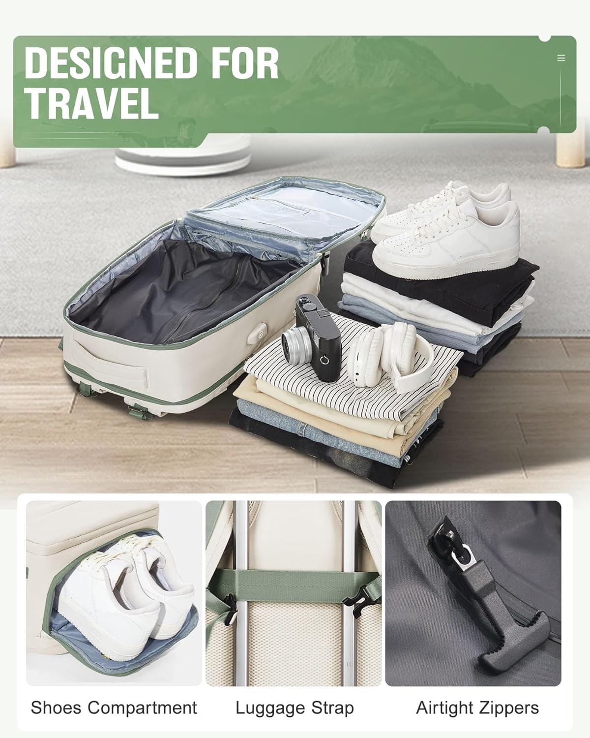 Vacuum Backpack Travel with Pump for Women,Flight Approved 18x14x8 inches,Travel Backpack with Vacuum System,15.6 Inches Laptop Bag,Rice White with Green
