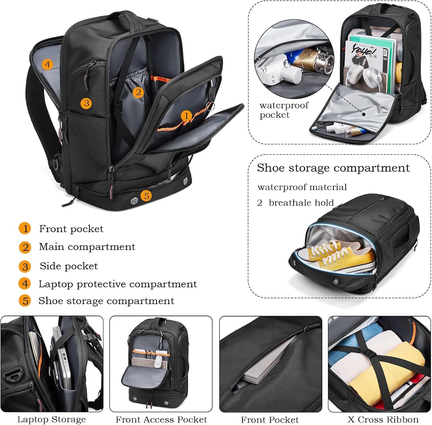 Somago 16 Inch Laptop Backpack Water Resistant Carry On Daypack Backpack Anti Theft Travel Rucksack Backpack with Shoe Compartment Shoulder Strap for Men Women, 33L (Black)