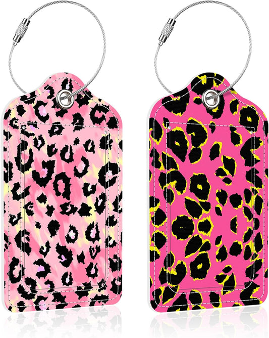 2 Pack Leopard Spots Luggage Tag for Suitcase,Pink Leopard Print PU Leather Suitcase Tags Identifiers with Privacy Name Address Labels and Steel Loop for Women Men Travel