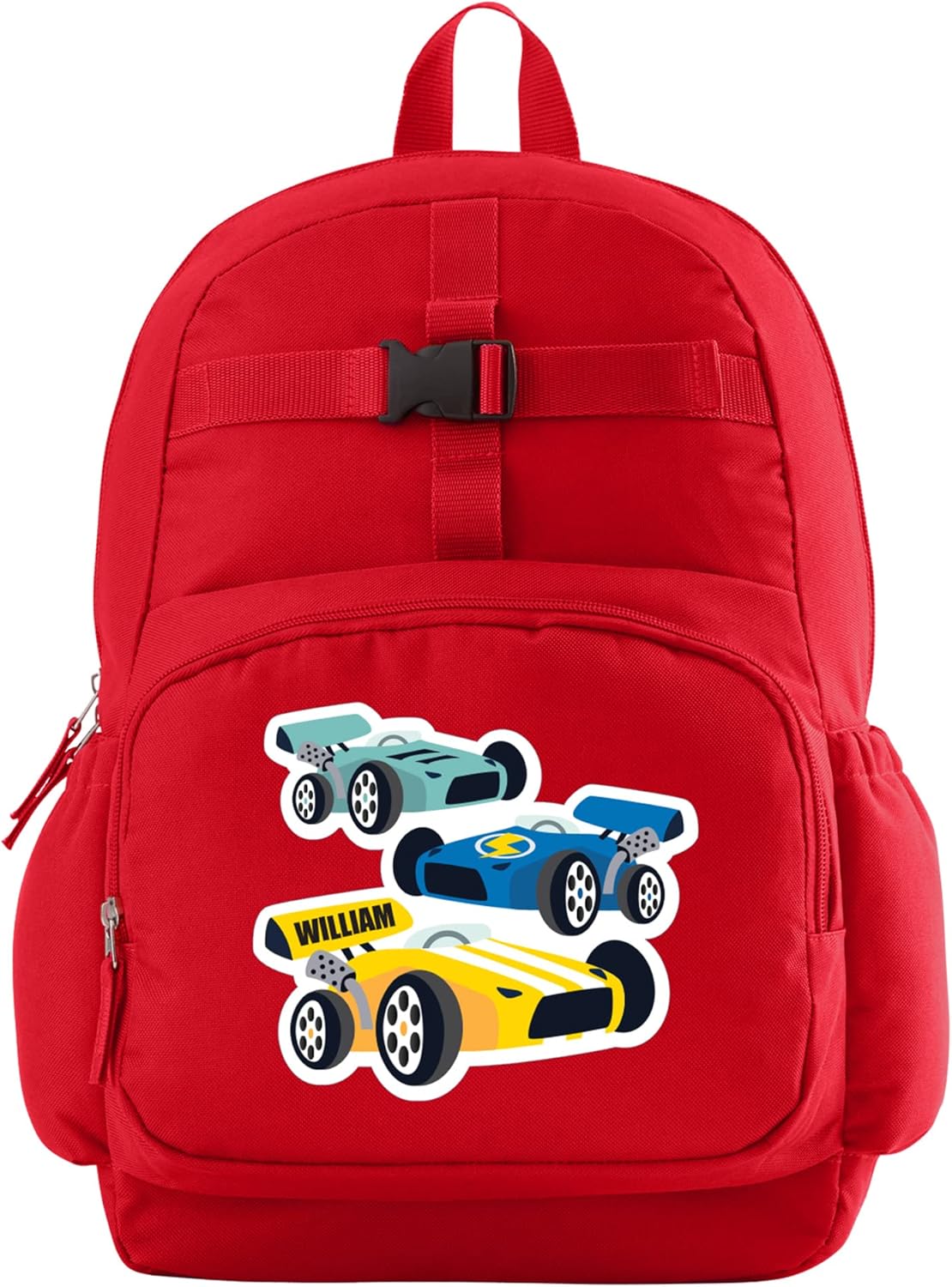 Let's Make Memories Kids Backpack for School - Personalized Back to School Supplies - Bookbag with Optional Lunch Box - Red, Race Cars