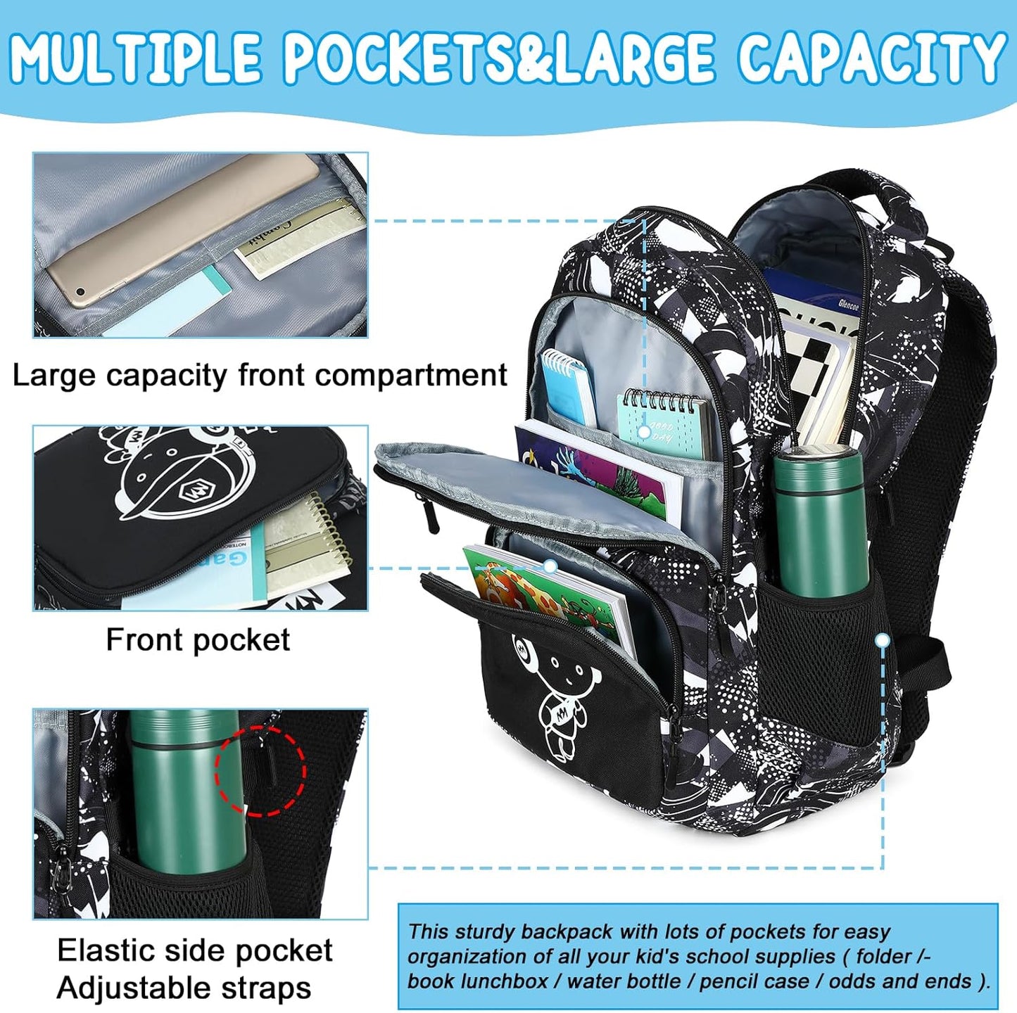 Bluboon Kids Backpack Boys Camo Bookbag Teens Elementary School Bag Daypack Travel Back Pack Middle school (Grey Graffiti)