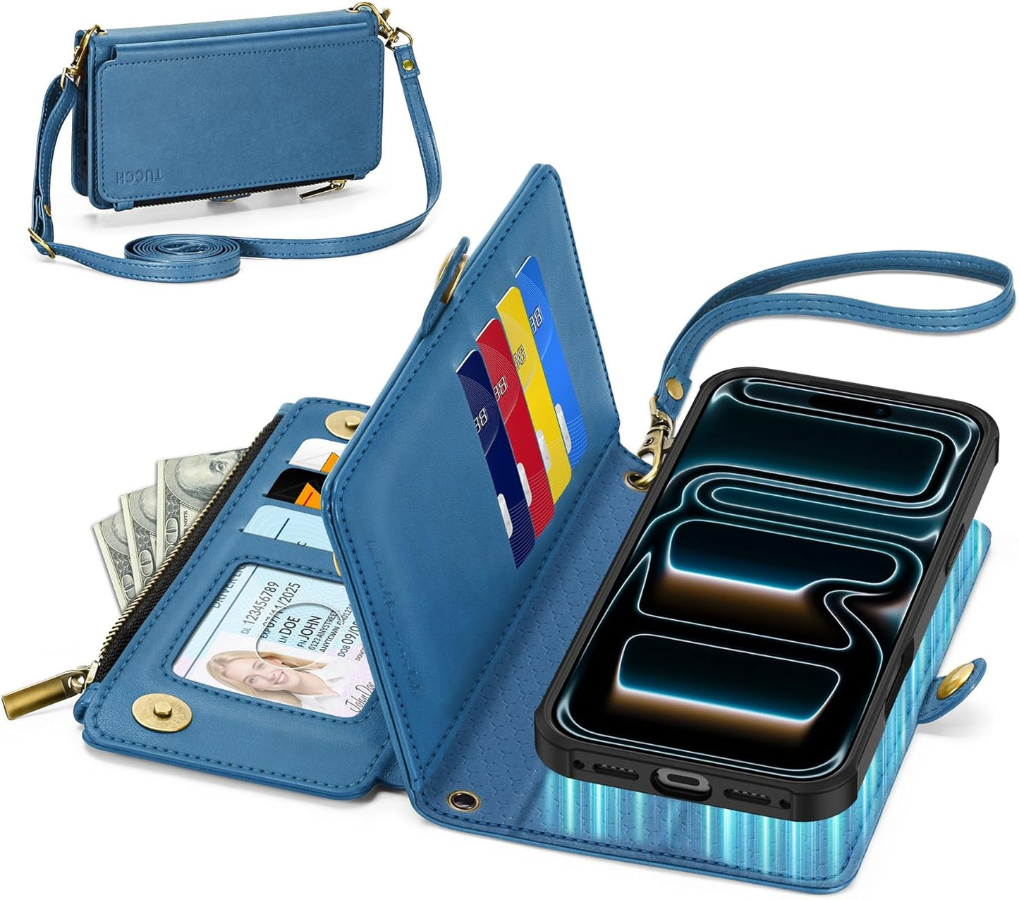 TUCCH Removable Crossbody Case Wallet for iPhone 17 Pro Max 6.9" 2025, Wireless Charging, RFID Blocking 10 Card Slots, Lanyard, Wrist Strap, Zipper Pocket, PU Leather, Stand Magnetic Cover, Light Blue