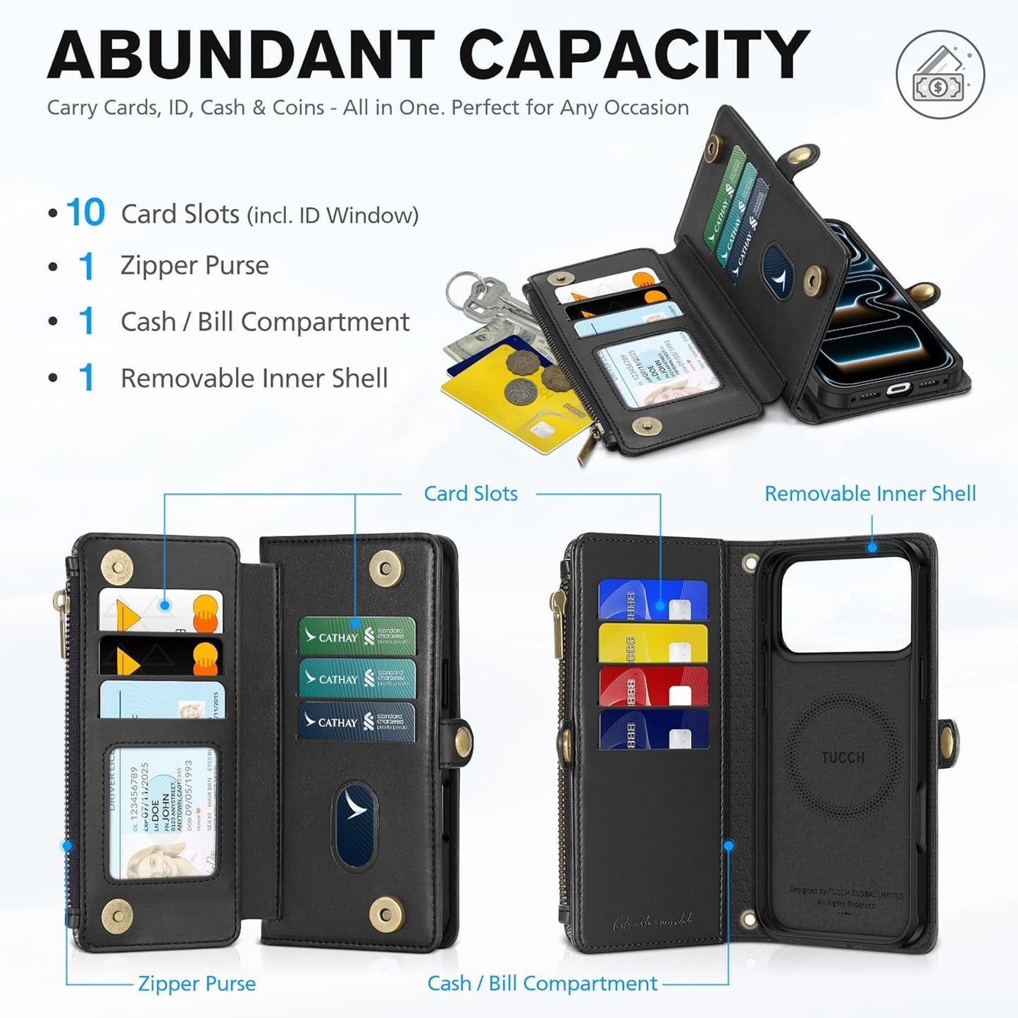 TUCCH Crossbody Detachable Wallet Case for iPhone 17 Pro Max 6.9" 2025, 10 Card Slots RFID Blocking | Wireless Charging | Wrist Strap | Lanyard | Stand | Zipper Pocket | PU Leather Phone Cover | Black