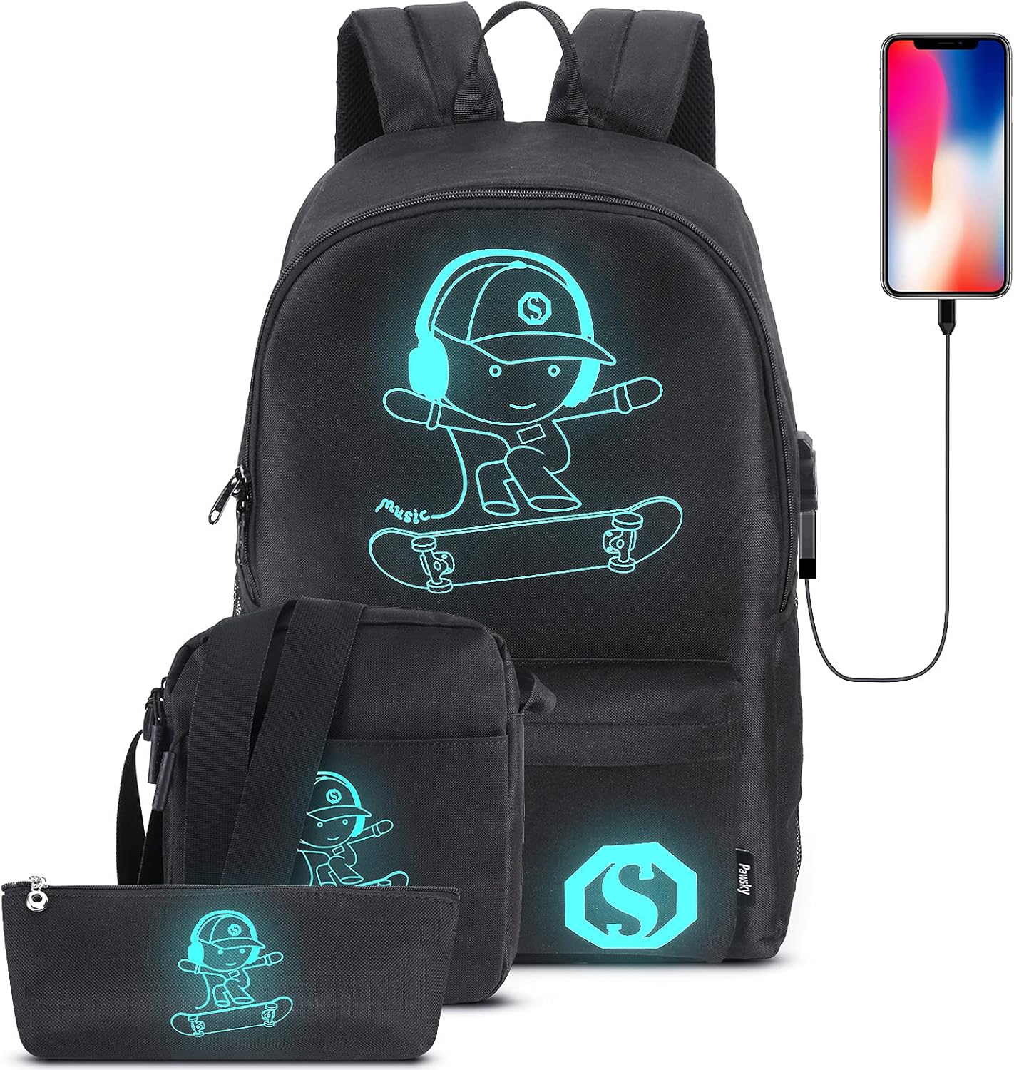 Skateboard Anime Luminous School Backpack with USB Charging Port, Anti Theft Lock, Sling Bag &
