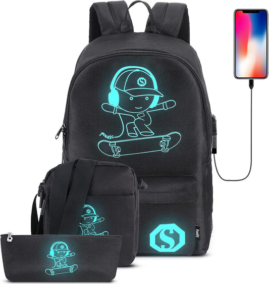 Skateboard Anime Luminous School Backpack with USB Charging Port, Anti Theft Lock, Sling Bag & Pencil Case for Teen Boys and Girls, College Bookbag Lightweight Laptop Bag, Black