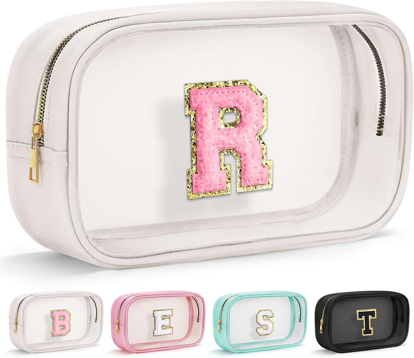 YOOLIFE Initial Make Up Bag Travel Toiletry Bag, Clear Makeup Bag Preppy Cosmetic Bag Clear Makeup
