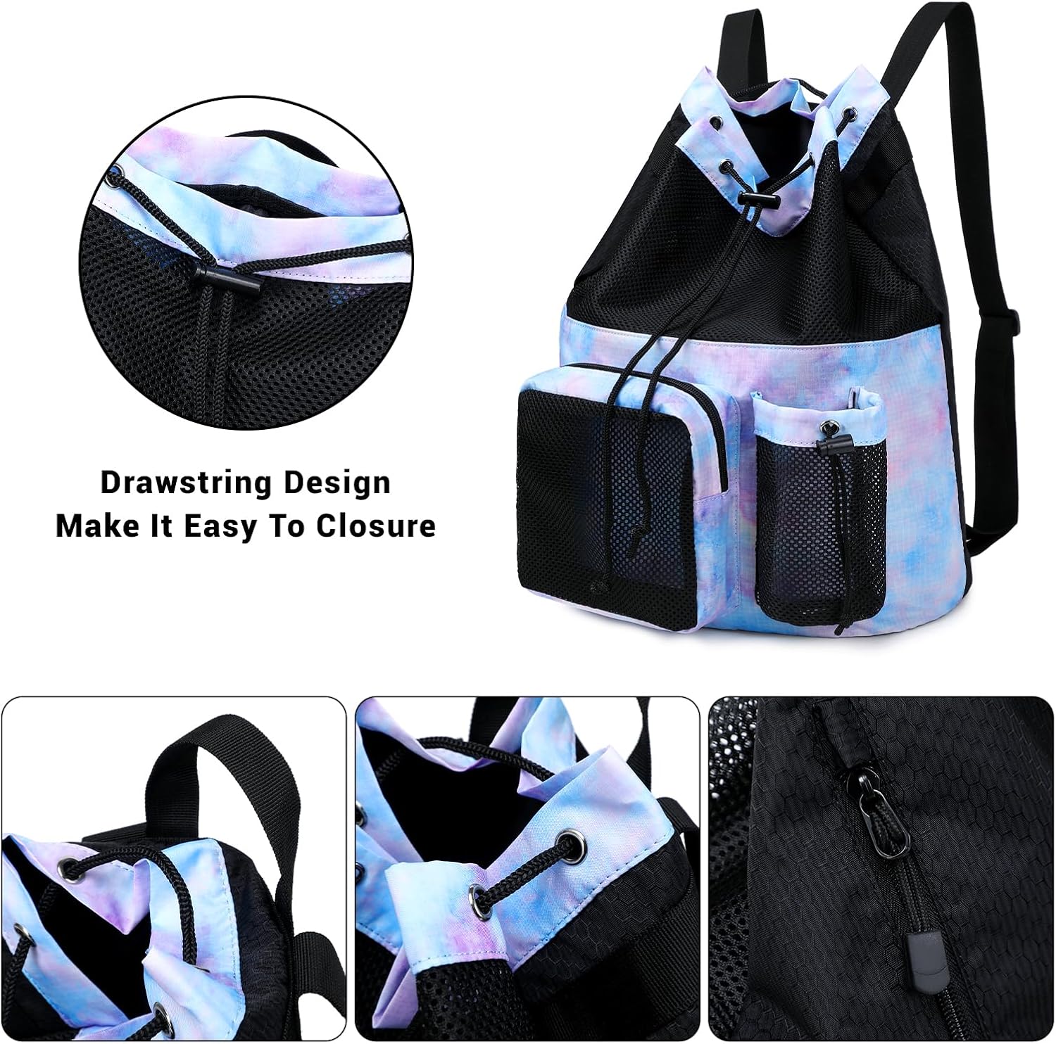Lohol Large Mesh Drawstring Backpack with Shoe Bag, Durable Swimming String Sack with Handle for