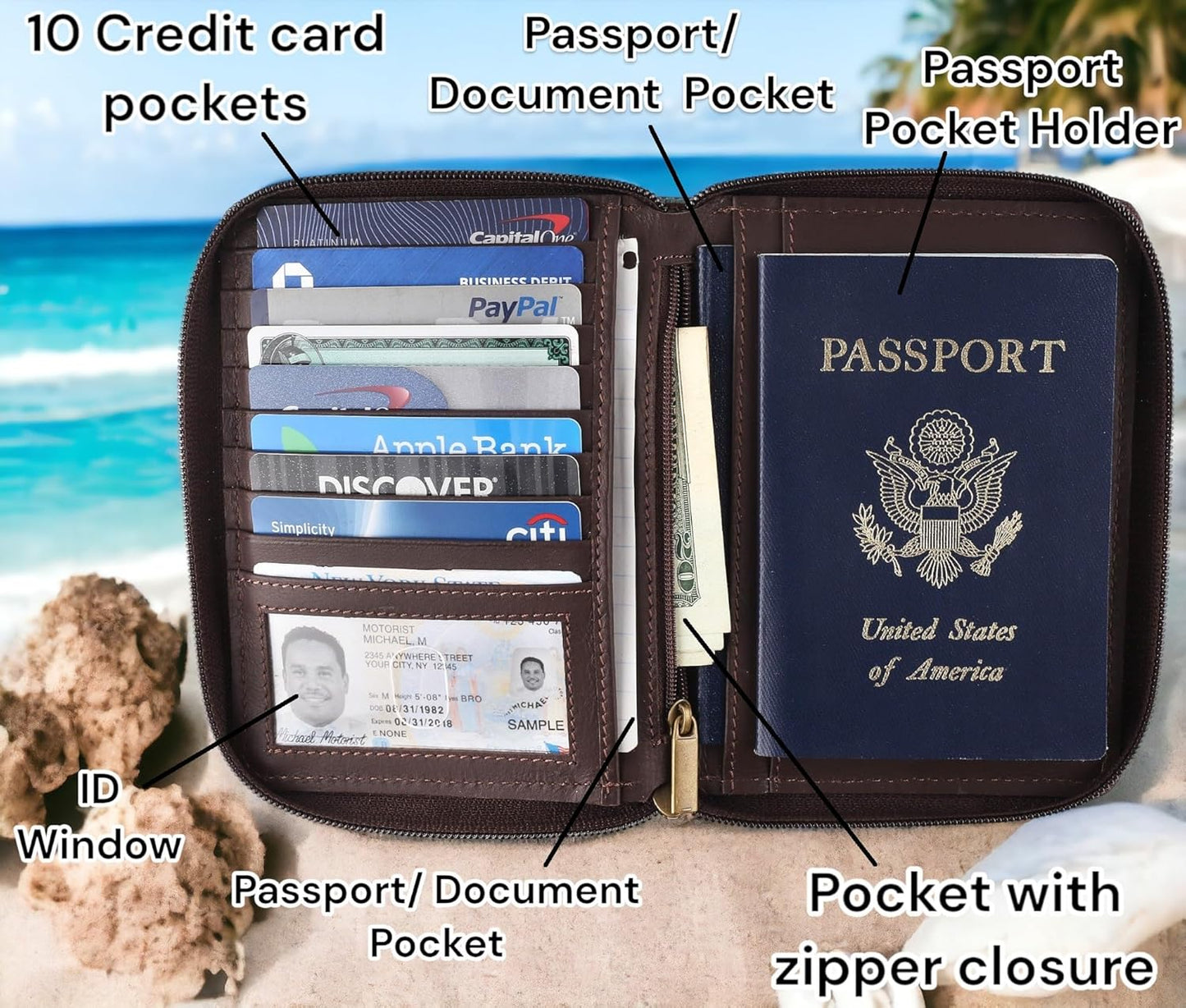 Passport Wallet - Travel Document Holder w/RFID Blocking – Full Grain Leather – Bifold compact zip around Wallet with Credit Card Slots for Women and Men,Turquoise floral,500-50