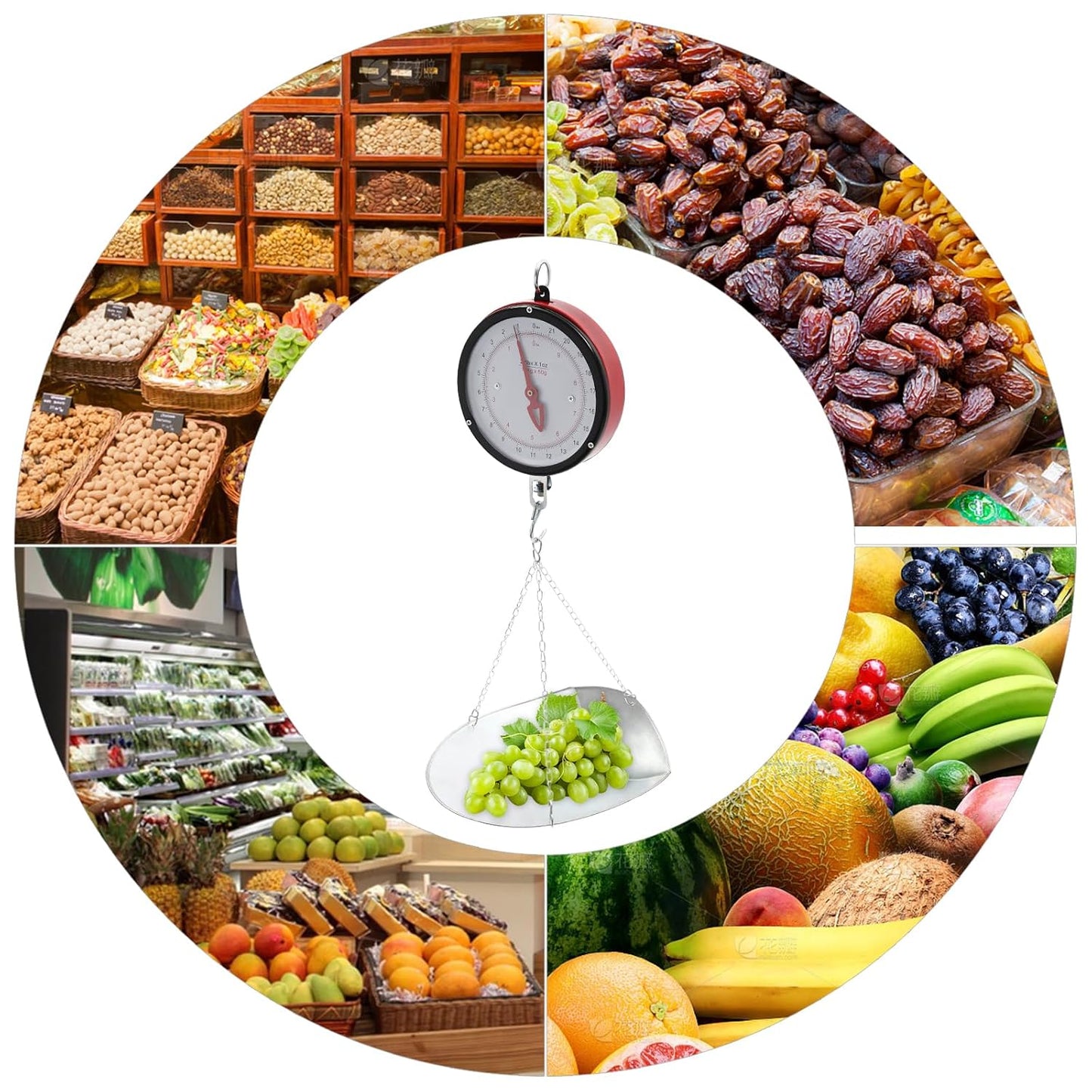 Double-Sided Dial Hanging Scale 22LBS, Mechanical Hanging Scale with Scoop and Chain, Large Display Spring Dial Weight Scale, High Accuracy Weight Scale for Farm, Kitchen Food and Produce (Red)