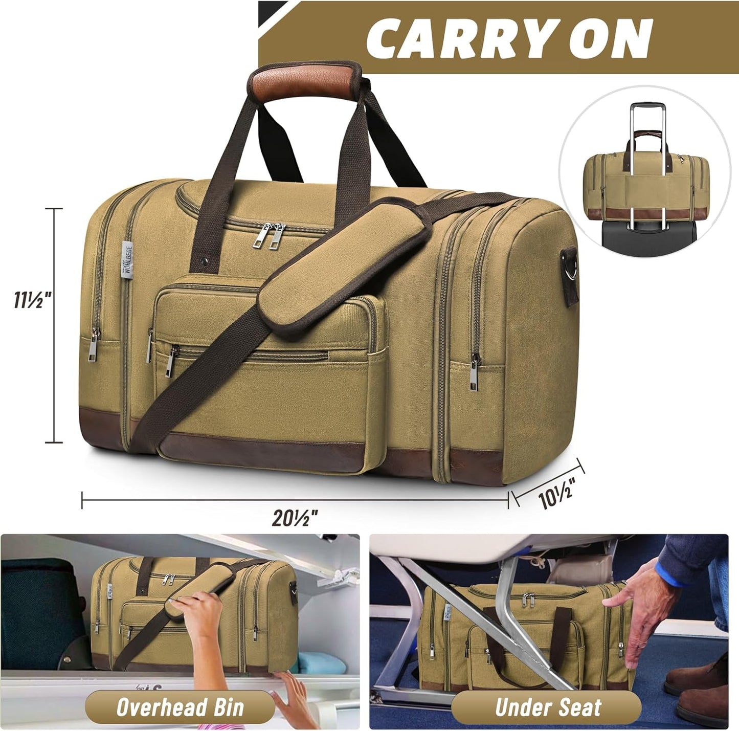 Wolhbege Duffle Bag for Travel,Mens Travel Bag & Carry On Bag for Men with Expandable Design and Luggage Sleeve –Duffel Bag for Gym, Weekender, Overnight Trips Khaki