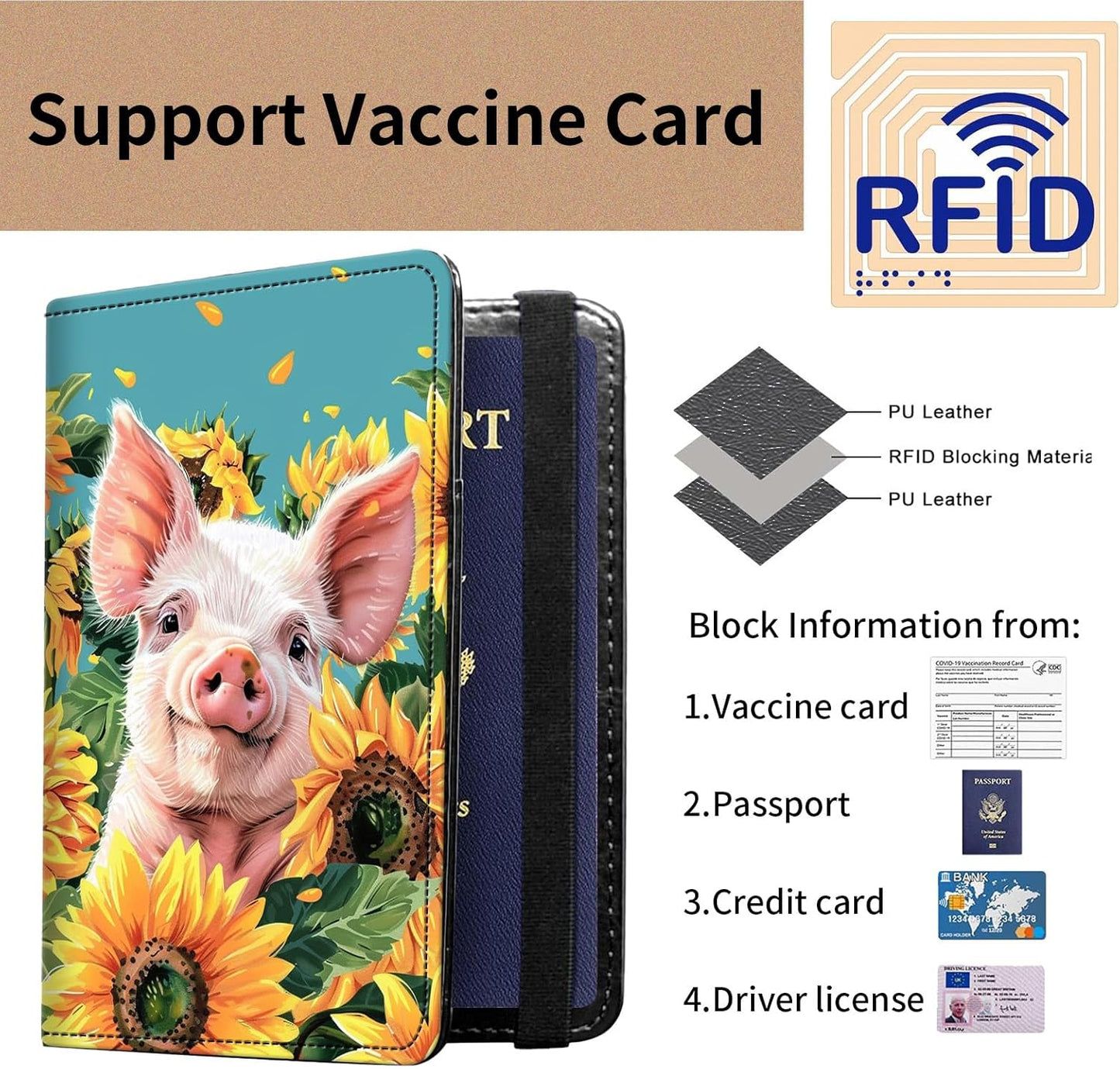 Passport and Vaccine Card Holder Cover Combo,Travel Passport Holder Wallet with RFID Blocking, Leather Vaccine Card Slot Passport Cover Case for Women & Men,Cute Baby Pig and Sunflower