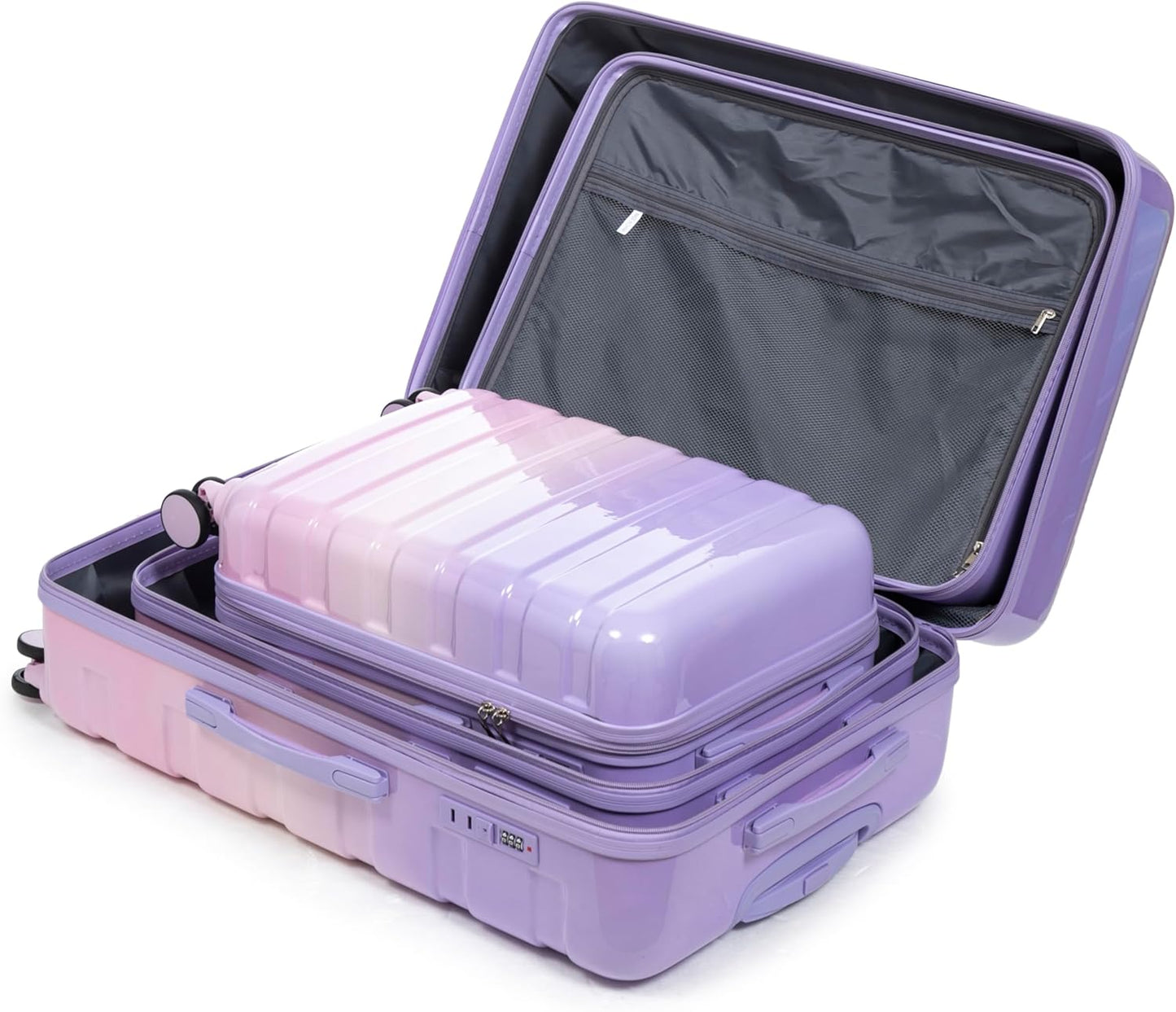 Campfun 3 Piece Luggage Sets, PC Gradient Color Suitcase Set with Double Spinner Wheels Hang Hook, Durable Carry On Luggage with Combination Lock, 20/24/28 inch, Purple+Pink
