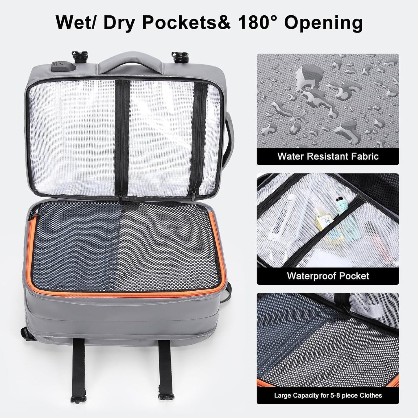HOMIEE Carry on Backpack Extra Large Travel Bag, Expandable Hand Luggage Suitcase Anti-Theft Business Backpack, Water Resistant Lightweight Weekender Bag, Light Grey