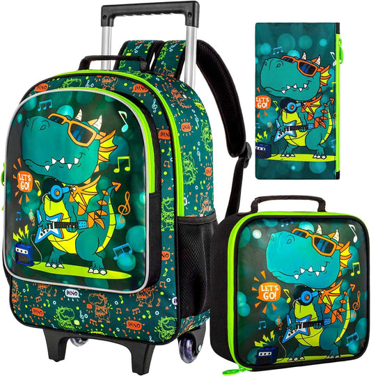 3PCS Rolling Backpack for Boys, Roller School Backpack with Wheels, Kids Dinosaur Wheeled Bookbag for Elementary Preschool Kindergarten(Green)