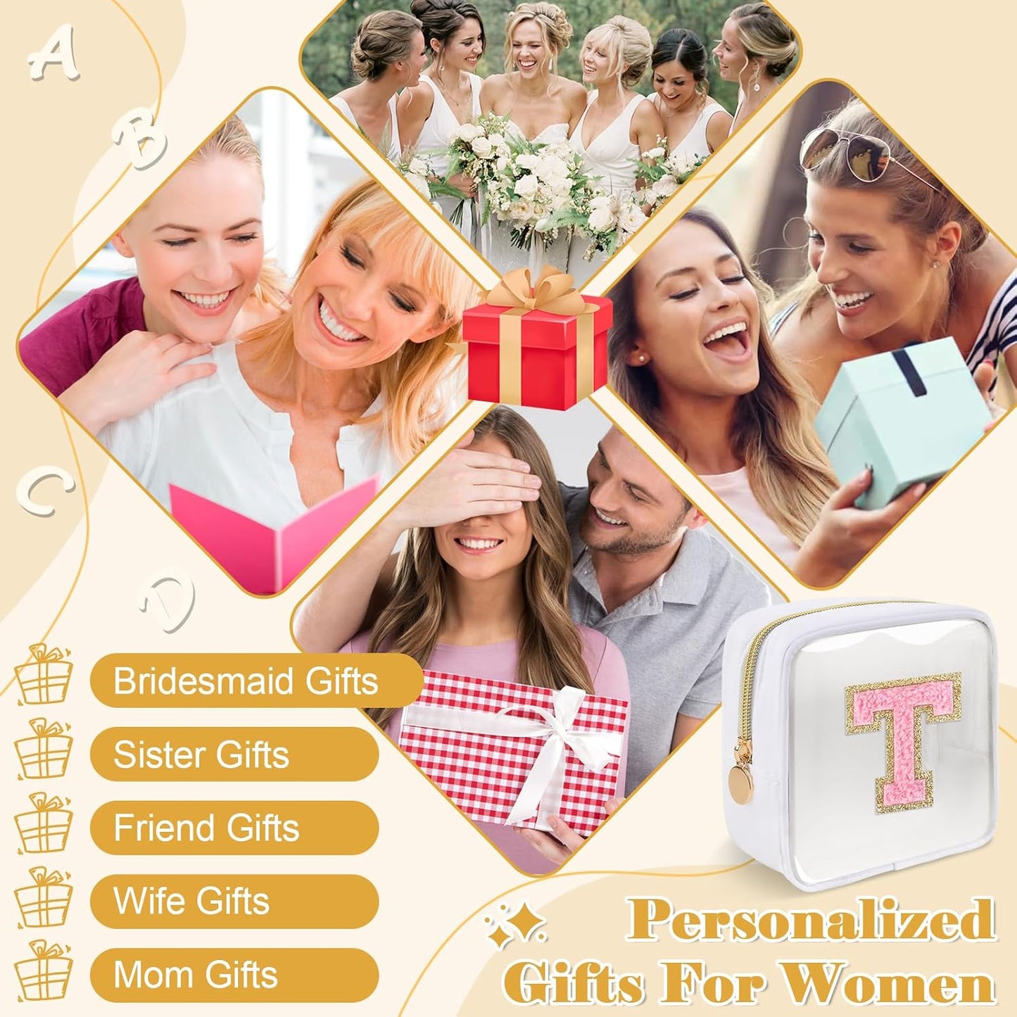 Personalized Initial Letter Clear Preppy Makeup Bag,Mini Nylon Chenille Letter Cosmetic Bag Cute Zipper Pouch Purse for Teen Girls,Portable TSA Approved Beach Travel Essentials Bag Gift for Women,T
