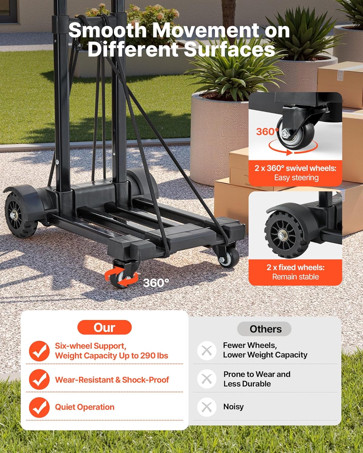 VEVOR Folding Hand Truck, 290 lbs Load Capacity, Collapsible Luggage Cart with 4 Wheels, 2 Elastic Ropes & Expandable Base, Utility Dolly Platform Cart for Airport Travel Luggage Office Moving, Black