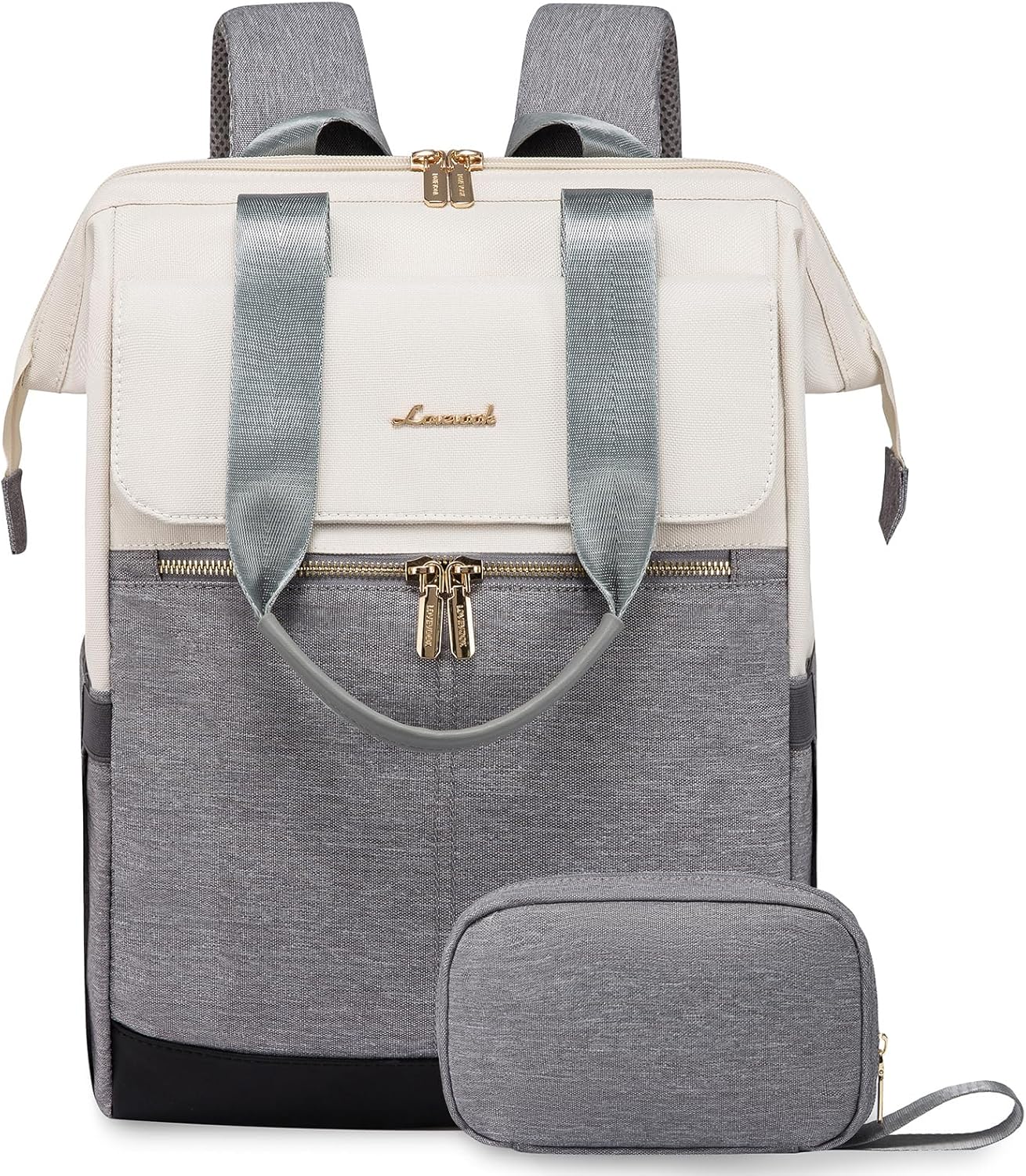 LOVEVOOK Laptop Backpack for Women, 15.6 Inch Work Laptop Bag with USB Port, Fashion Teacher Nurse Backpack Purse, Waterproof Travel Computer Backpack with Organizer Bag, 2PCS, Beige-Grey