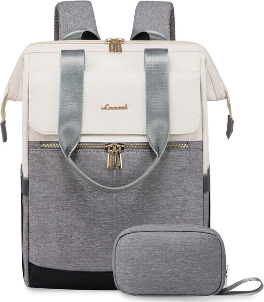 LOVEVOOK Laptop Backpack for Women, 15.6 Inch Work Laptop Bag with USB Port, Fashion Teacher Nurse Backpack Purse, Waterproof Travel Computer Backpack with Organizer Bag, 2PCS, Beige-Grey