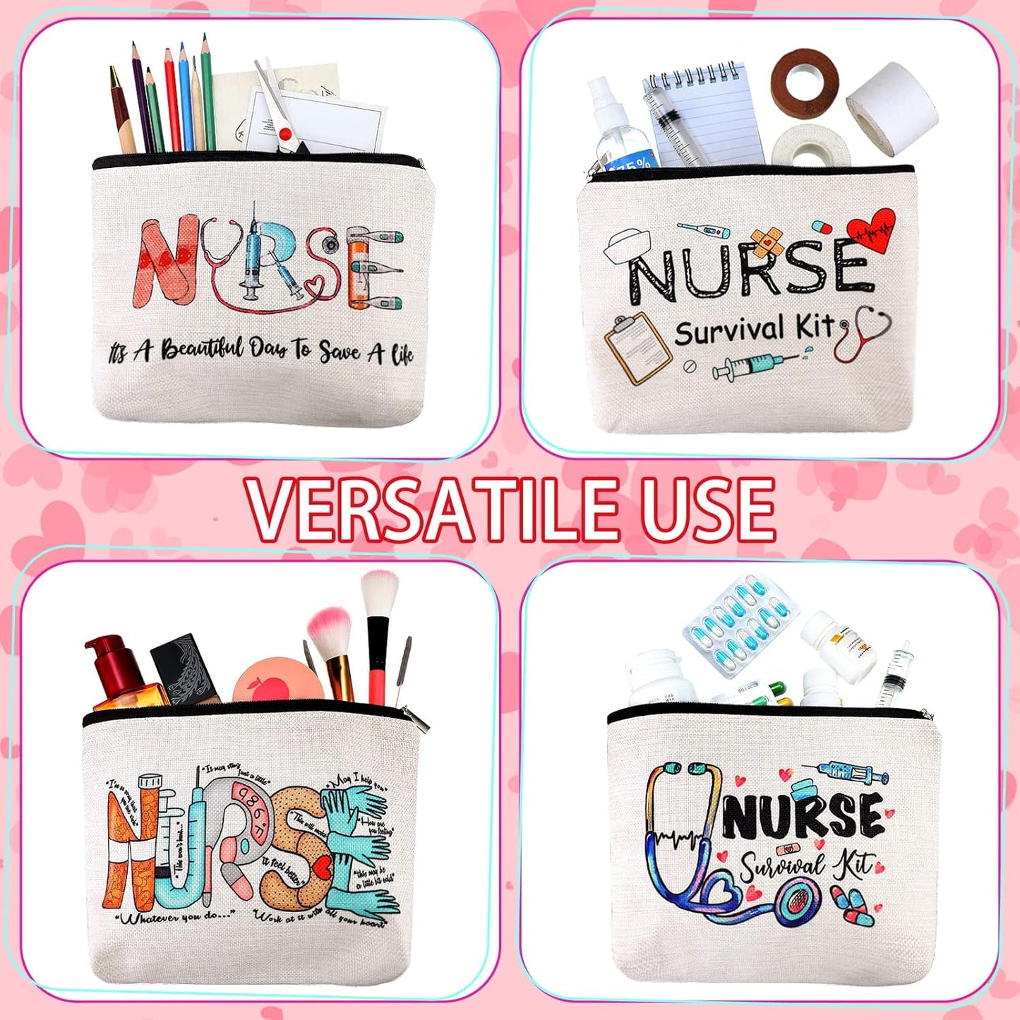 Pinkunn 9 Pcs Christmas Gifts Nurse Makeup Bags Nursing Gifts for Women Cosmetic Bag with Zipper Nursing Travel Toiletry Bag Survival Kit for Birthday Gift Funny for Nurses Student Thank You