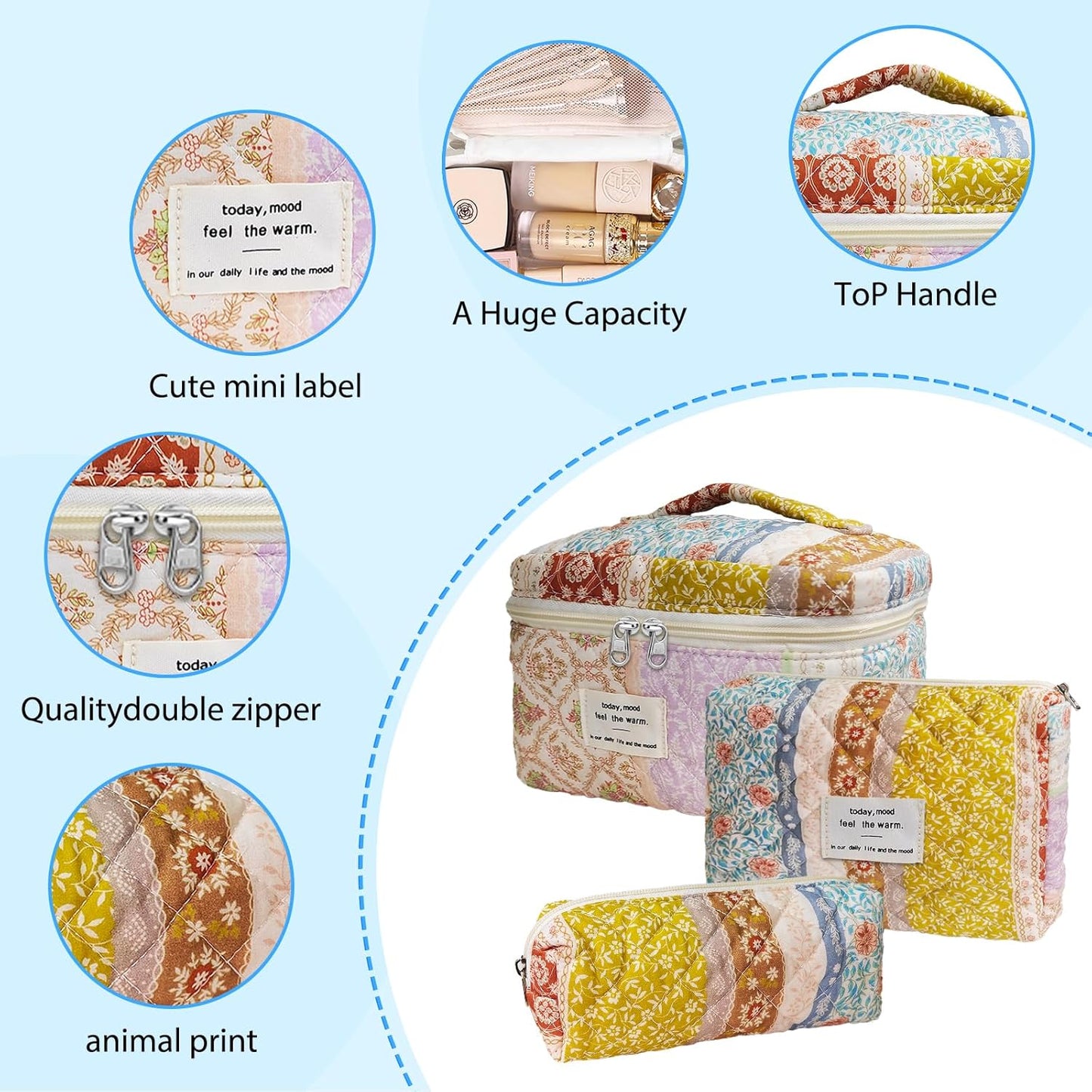 Quilted Makeup Bag, Large Capacity Travel Cosmetic Bag for Women and Girls, Aesthetic Storage for Daily and Travel Use (3pcs-EthnicStyle)