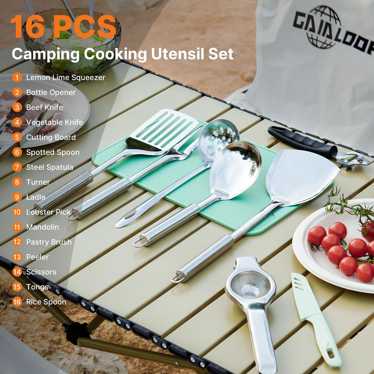 GAIALOOP Camping Cooking Utensils Set 16 PCS Camp Kitchen Cookware Kit with Organizer Bag, Portable