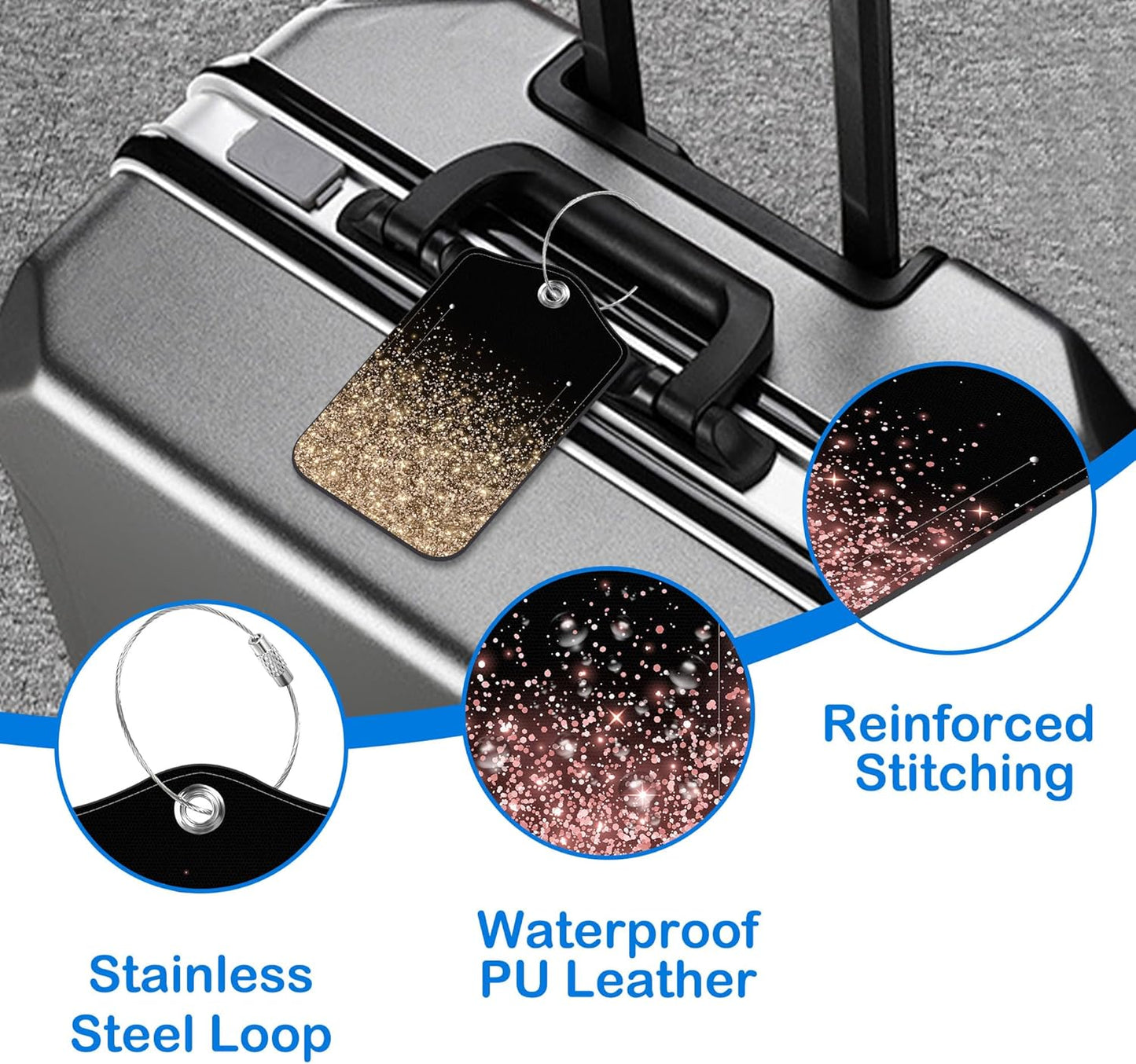 2 Pcs Luggage Tags for Suitcases, Rose and Gold Glitter Leather Bag Tags for Luggage Privacy Cover Name ID Label with Stainless Steel Loop Cruise Airport Travel Essentials