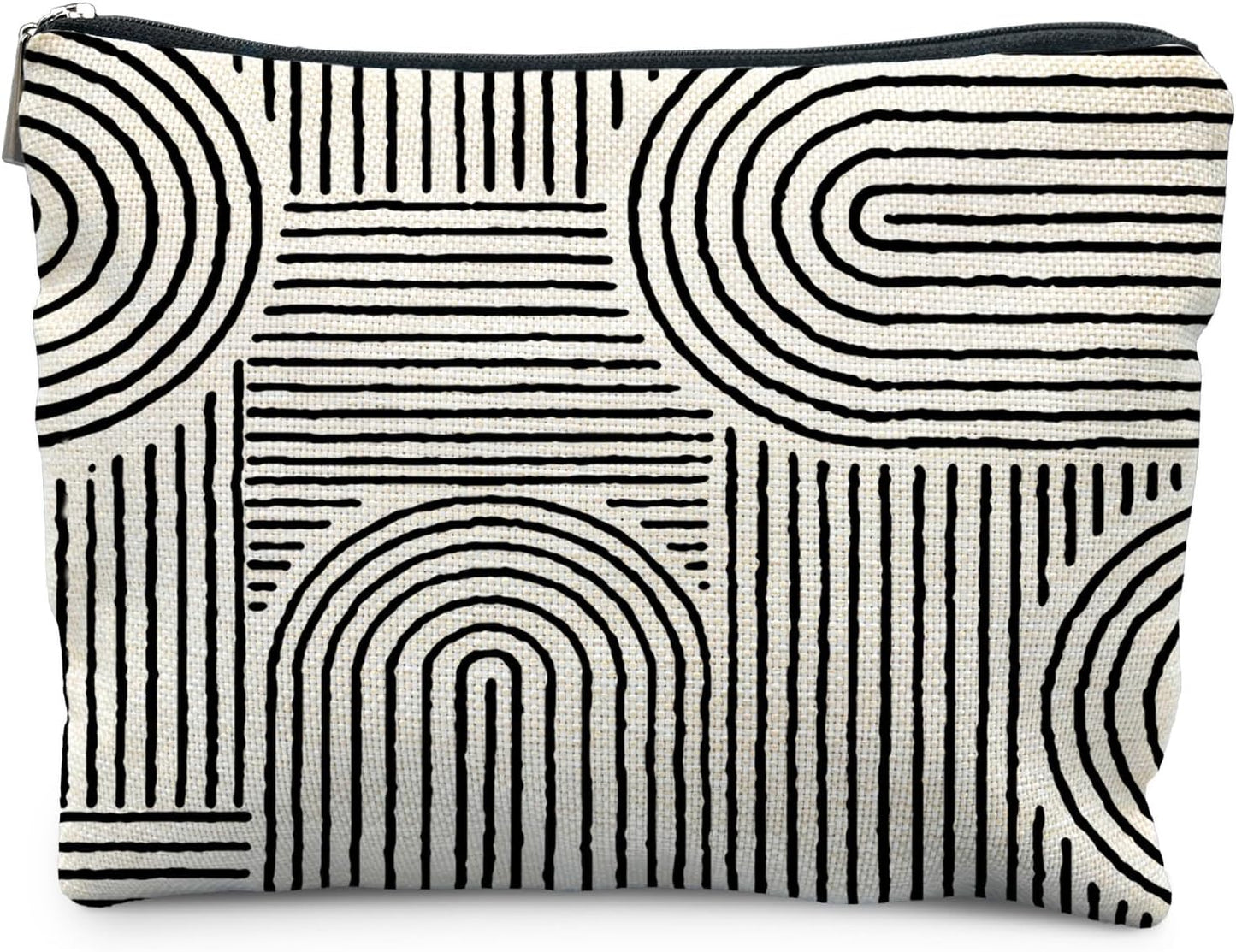 Abstract Minimalist Black and White Makeup Bag, Aesthetic Boho Rainbow Line Art Cosmetic Bags for Women, Boho Gifts for Women, Contemporary Modern Zipper Makeup Pouch