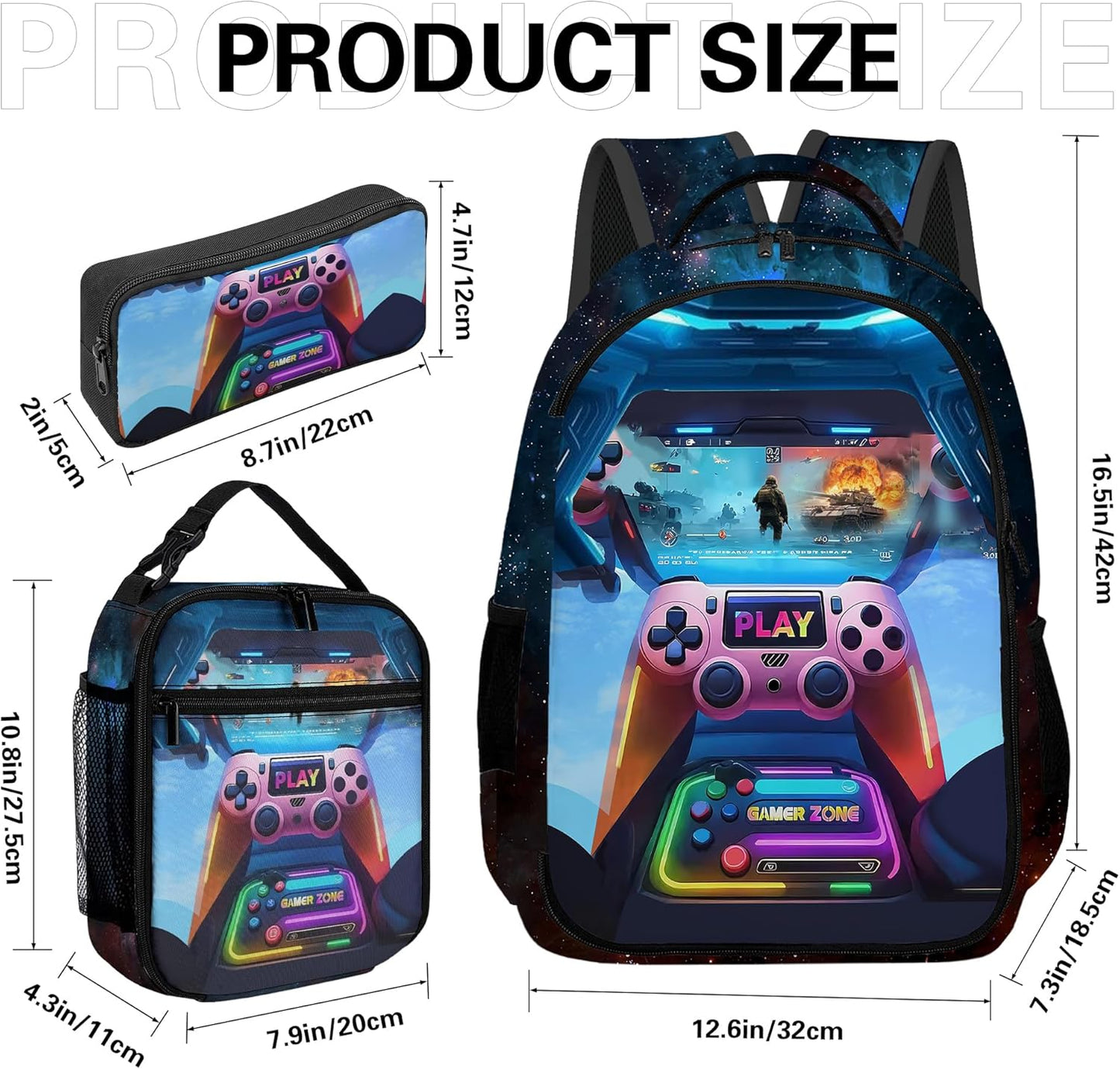 Game Backpack Set for Boys, Gaming Backpack 3 Pack, Boys Lunch Box, and Pencil Bag for Kids, 17"
