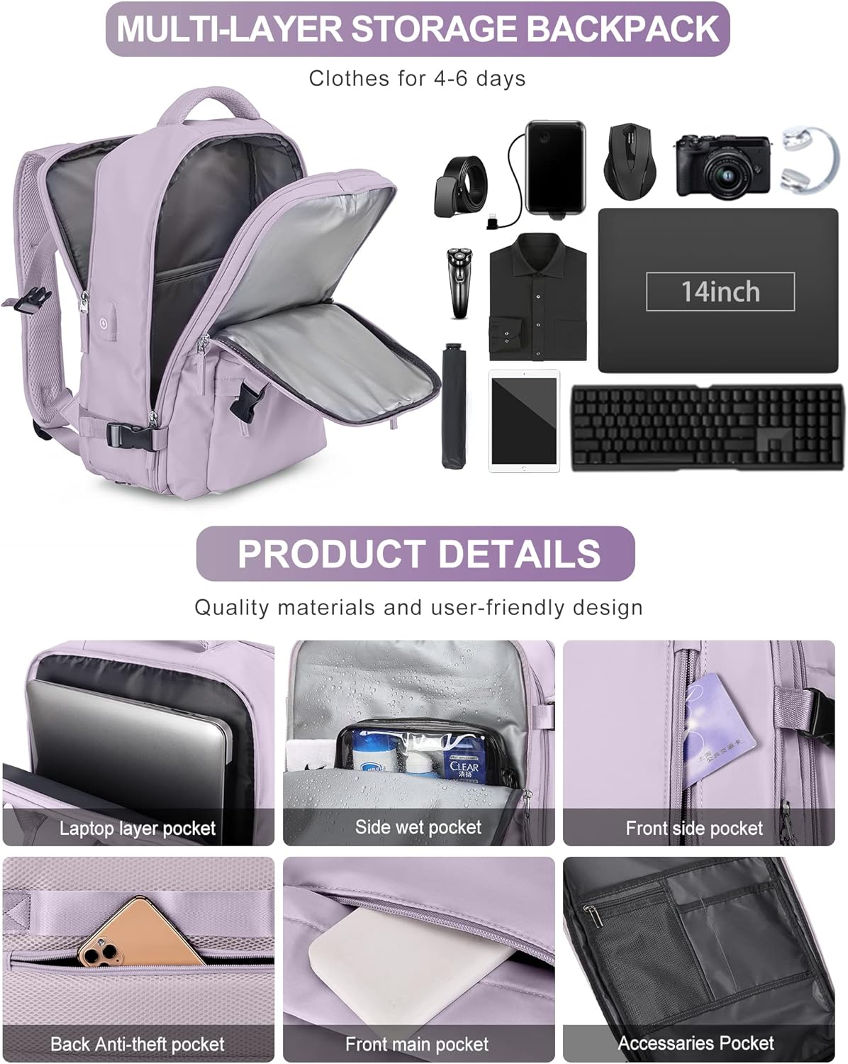 VGCUB Large Travel Backpack Bag for Women Men,Carry on Backpack,17 Inch Laptop Business Work Waterproof Backpack with Laptop Compartment,Person Item Flight Approved,Mochila de Viaje,Purple