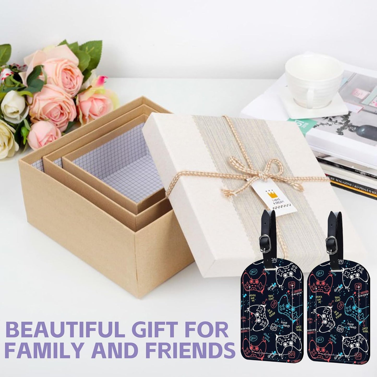 2 Pack Luggage Tags Game Controller PU Leather Baggage Handbag Suitcase Tags with Secure Strap Privacy Cover ID Labels,Business Travel Baggage Tag Identifier