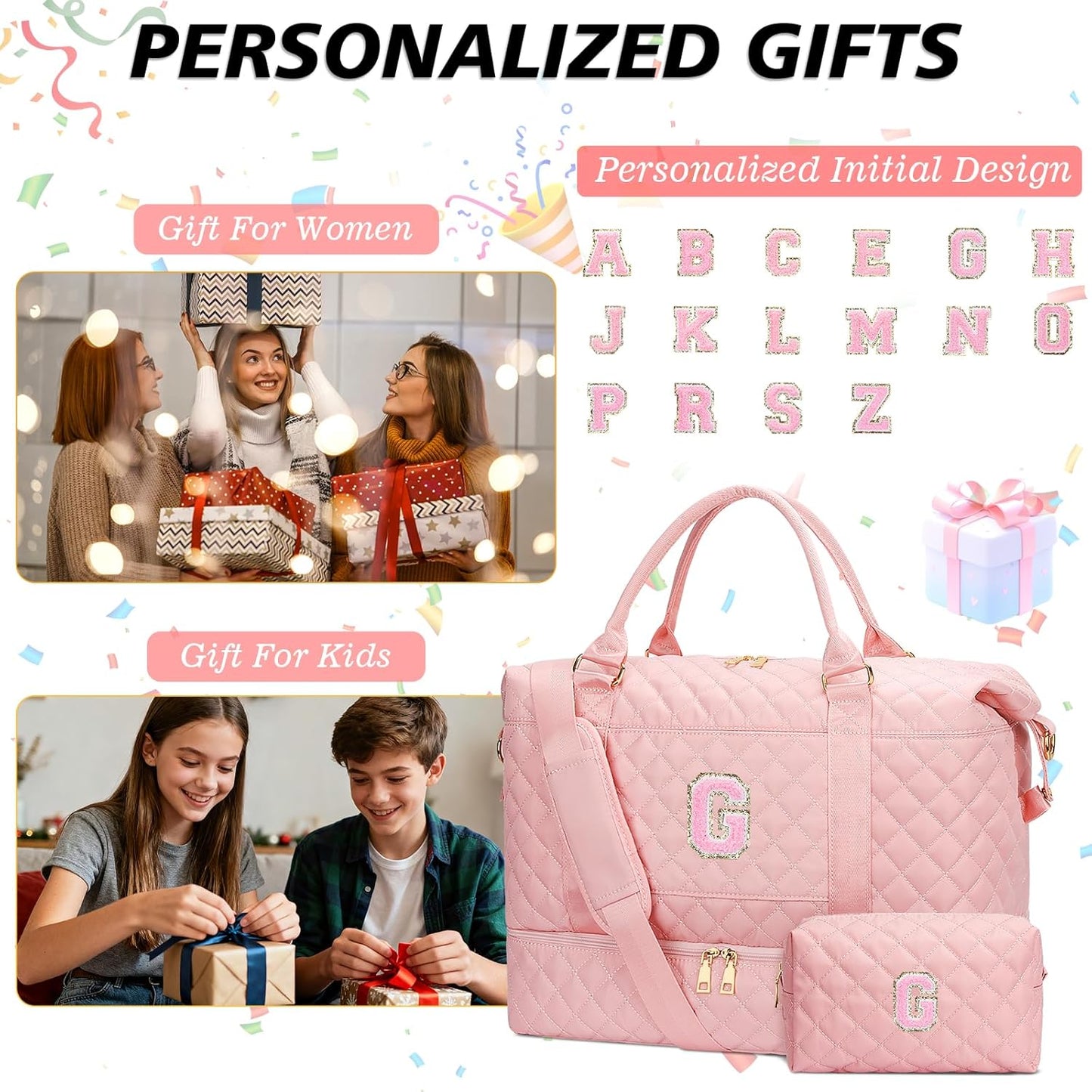 Gifts for Women Gifts Christmas Initial Travel Duffle Bag Quilted Weekender Bags Carry-On Overnight with Cosmetic Bag, Gym Bag with Shoe Compartment, Pink-G