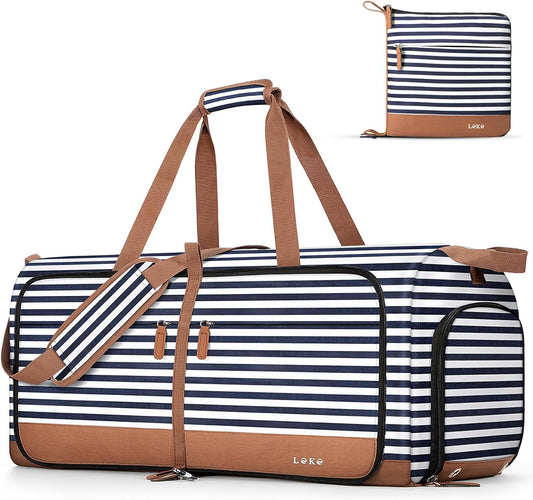 Lekesky Foldable Travel Duffle Bag for Women, 60L Large Duffel Bag with Separate Shoes Compartments & Straps, Carry On Weekend Bag for Women, Hospital, Overnight (Blue Stripes)