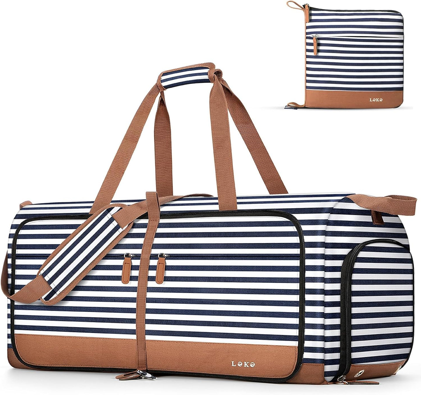 Lekesky Foldable Travel Duffle Bag for Women, 100L Large Duffel Bag with Separate Shoes Compartments & Straps, Carry On Weekend Bag for Women, Hospital, Overnight (Blue Stripes)